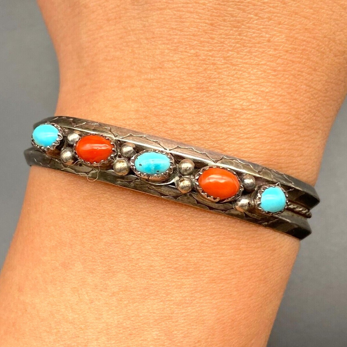 Vintage Navajo Native Turquoise Coral Silver Bracelet Cuff Small 6-3/8\