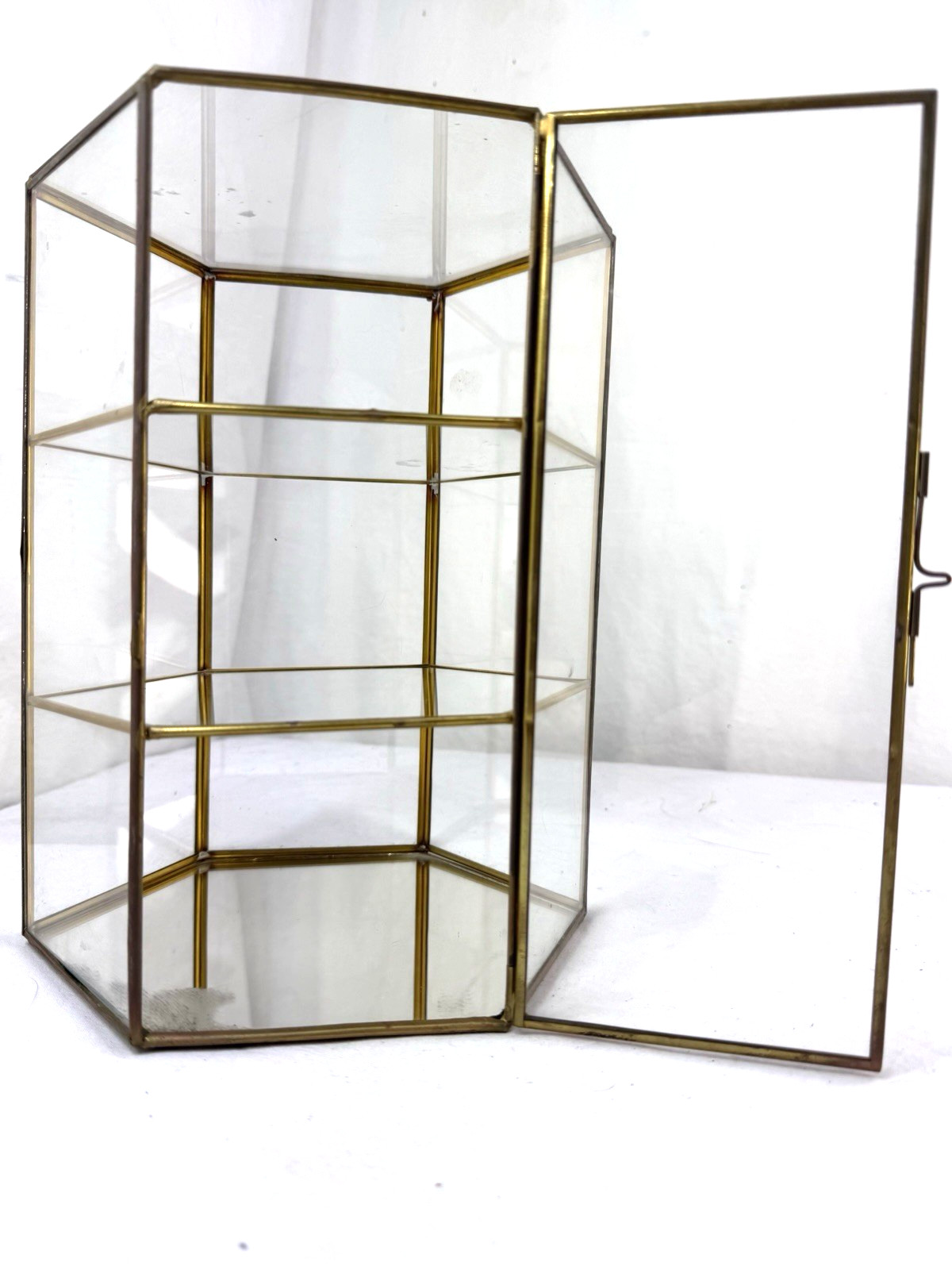 Vtg Hexagon Brass Mini Glass Curio Cabinet 3 Shelf Tabletop Display Case Mirror