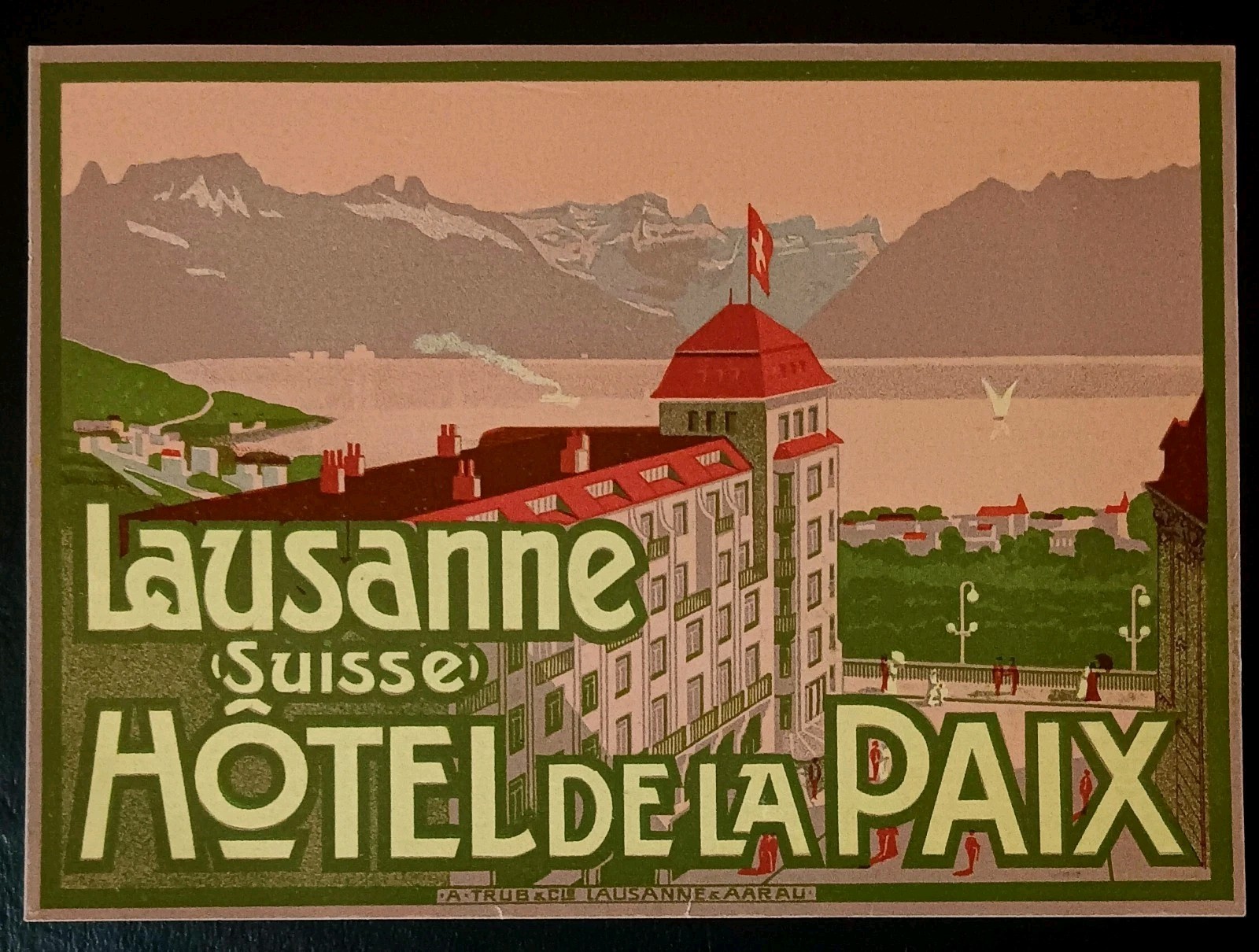 Antique LAUSANNE Suisse Hotel De La Paix Luggage Label UNUSED Trüb & Cie NM