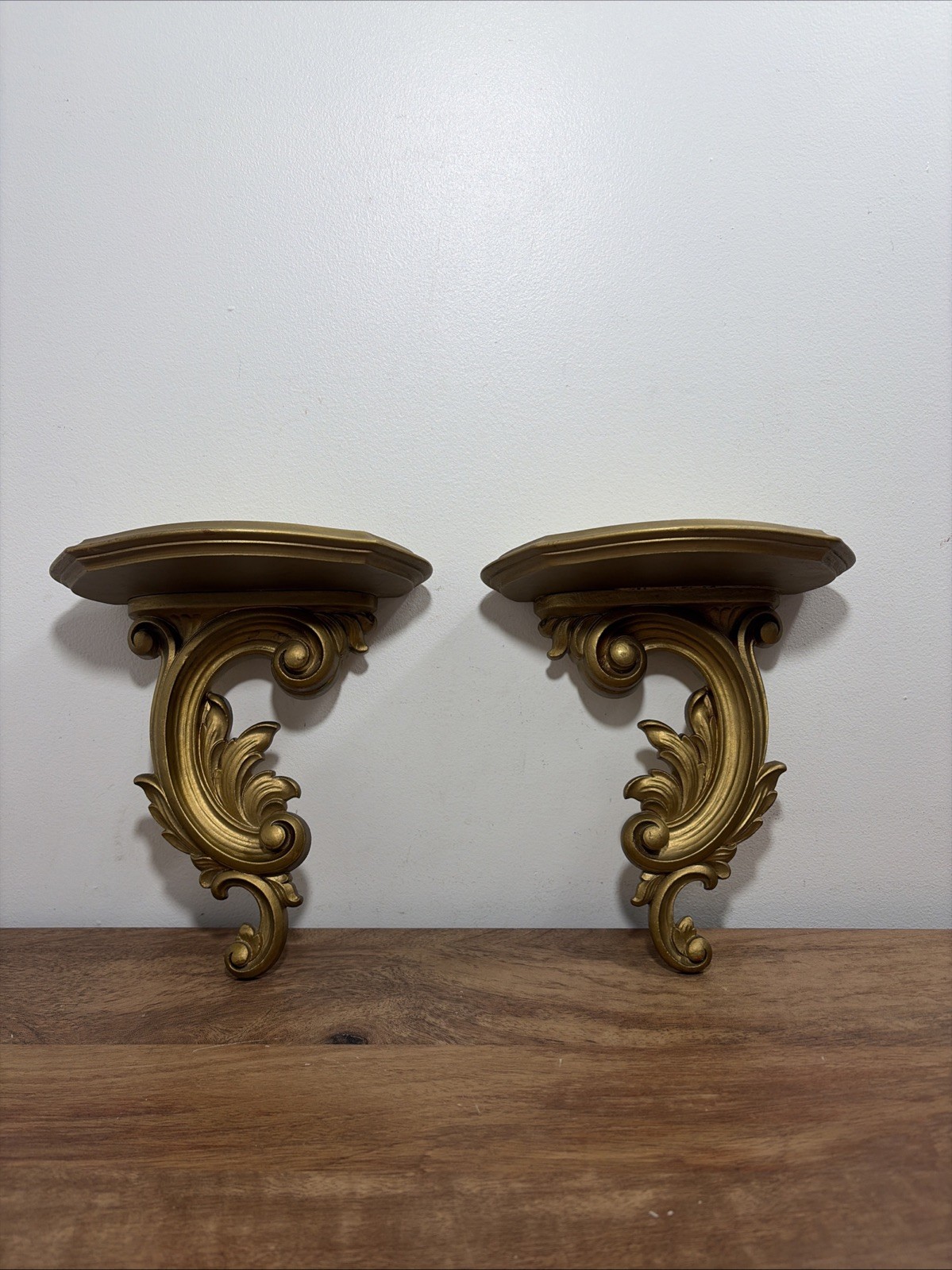 Vintage Pair of Syroco Wood Gold Gilt Wall Sconce Shelves Mid Century