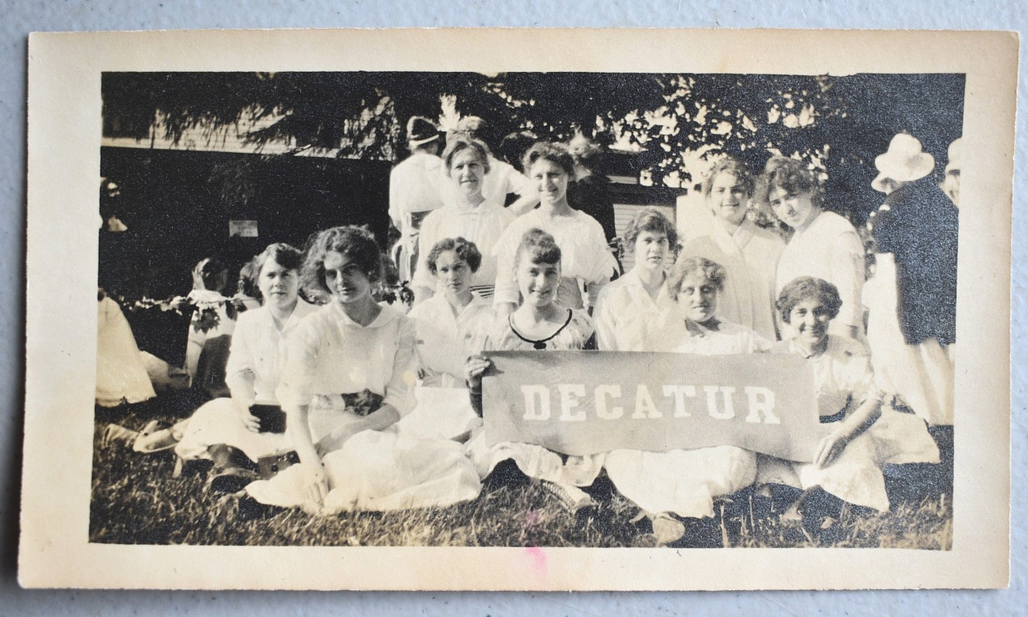 Group Women White Dresses Holding Decatur Banner Flag Circa 1920 Snapshot Photo Group Women White Dresses Holding Decatur Banner Flag Circa 1920 Snapshot Photo