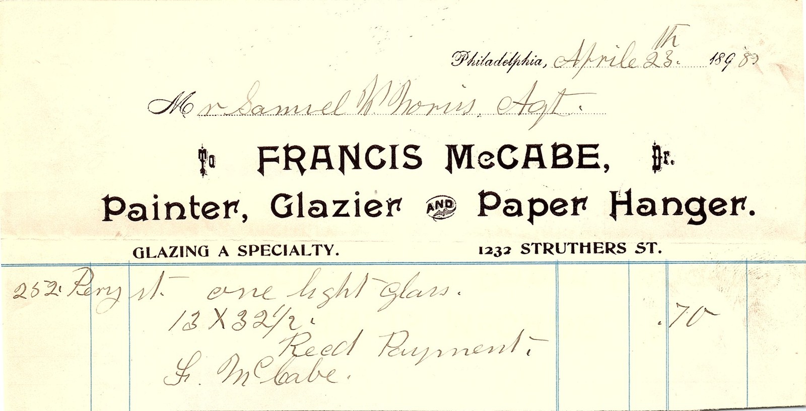 1898 Francis McCabe Jr. Philadelphia Painter Glazier billhea