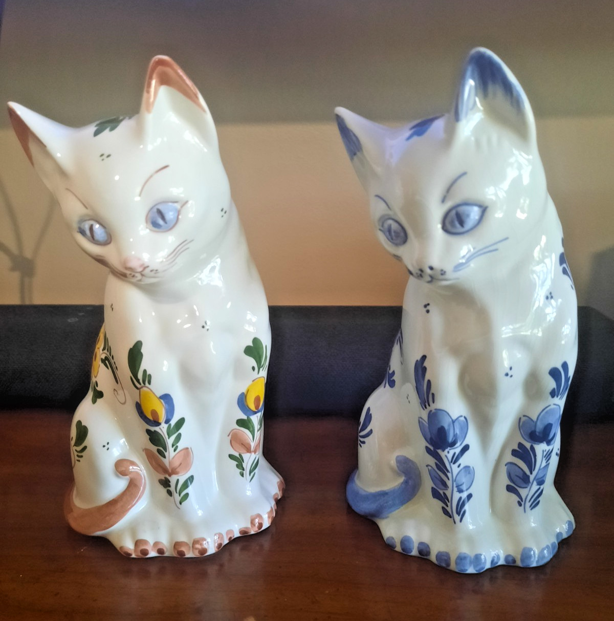 Pair of Delft Holland Cats Figures \'White W/ Blue\' -and- \'White w/ Multi Colors\'