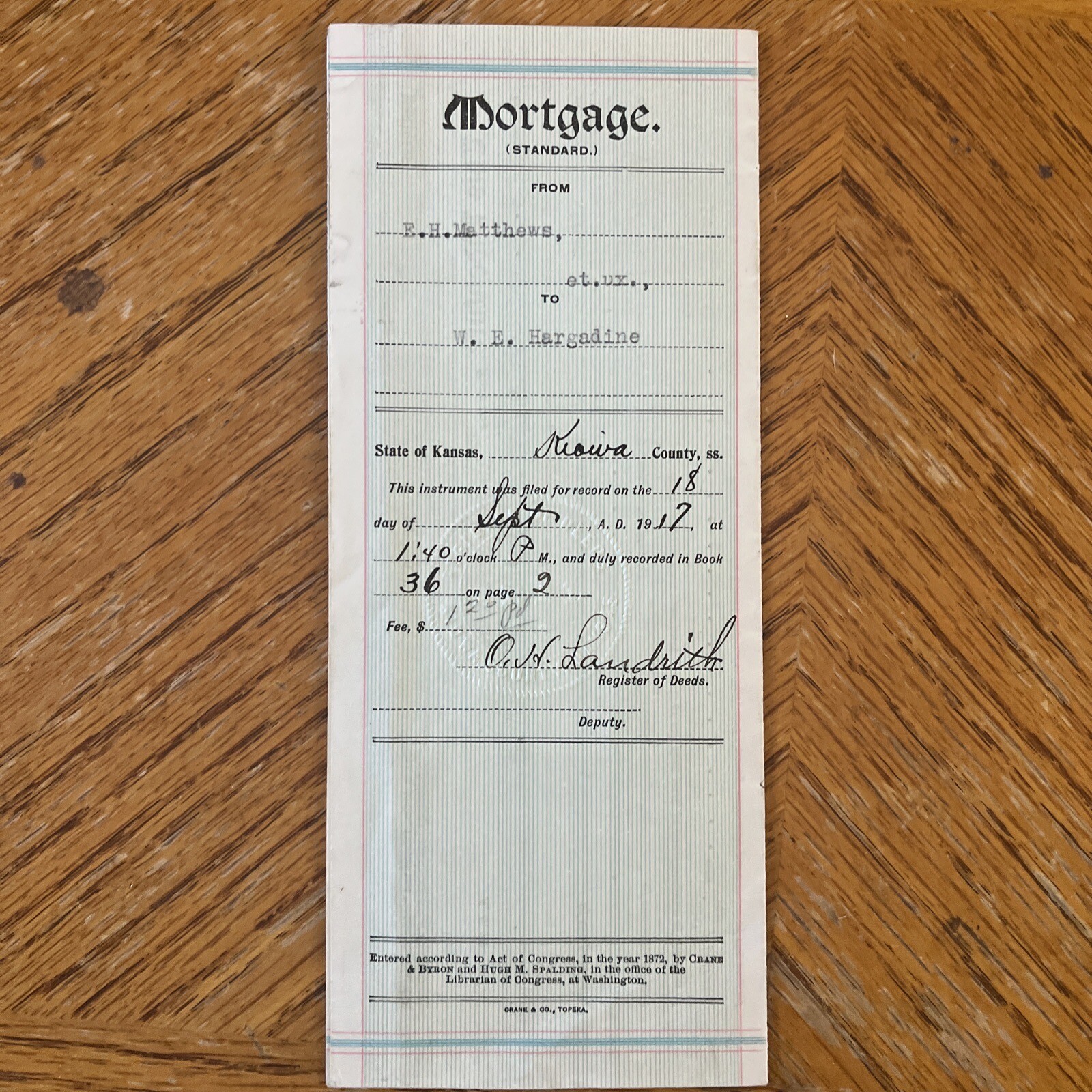 Antique Mortgage Kiowa County Kansas 1917 Indenture