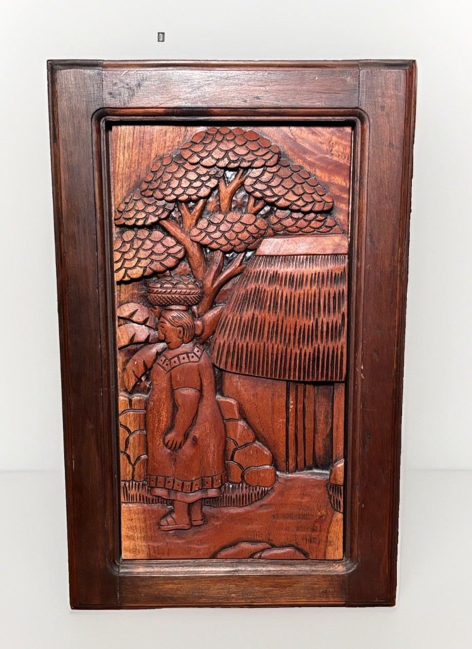 Vintage Mexican Wood Carving Mayan Woman Relief Panel Signed Merida Yucatan 20