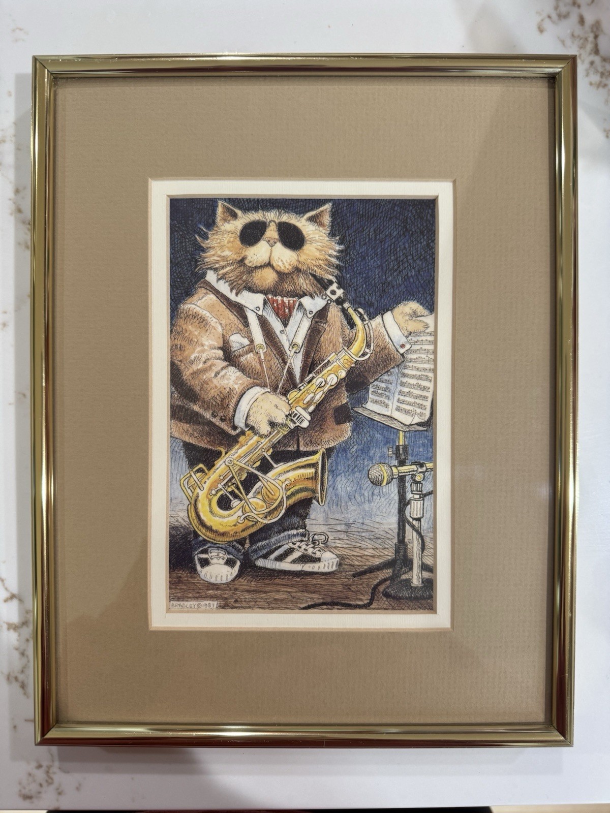 Vintage Art Orange Tabby JAZZ CAT Playing Saxophone Professionally Framed  Print