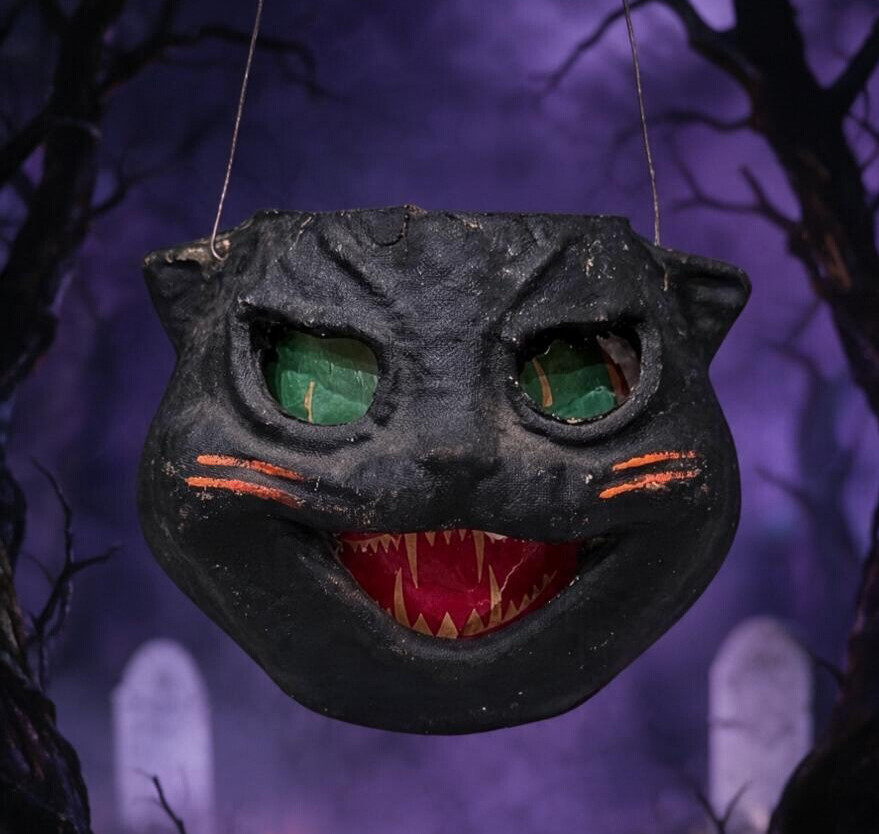 Vintage 1940's Pulp Paper Mache Halloween Black Cat Lantern All Original