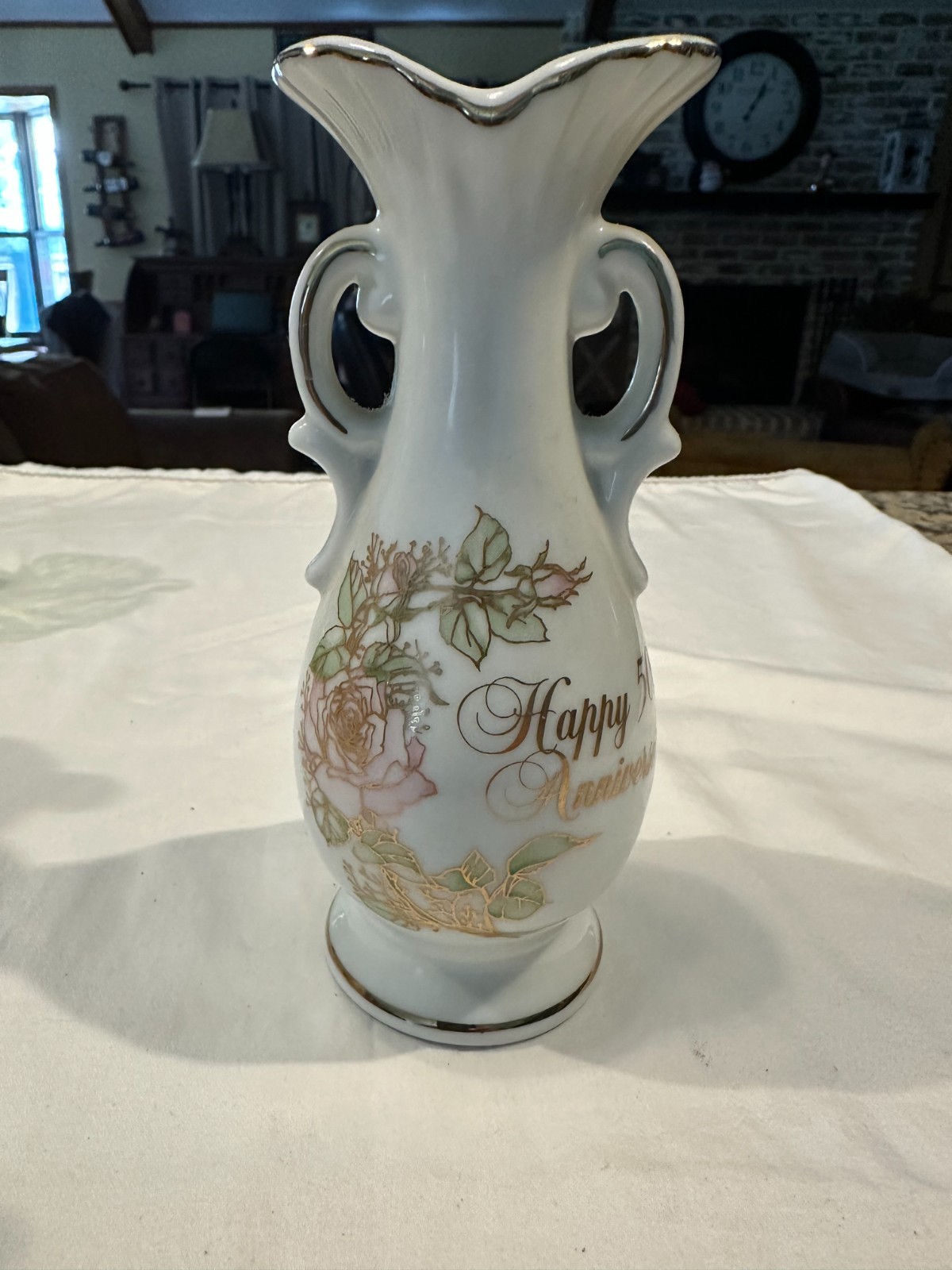 Vintage 1983 Enesco Happy Anniversary Porcelain Vase with Pink Roses and Gold Tr Vintage 1983 Enesco Happy Anniversary Porcelain Vase with Pink Roses and Gold Tr