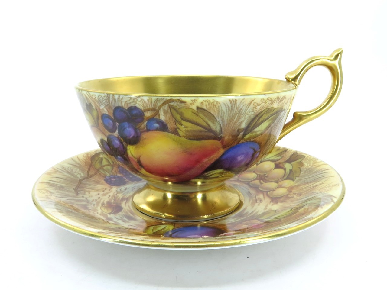 AYNSLEY Orchard Gold Teacup & Saucer Gold Interior Signed D. Jones Smooth Rim