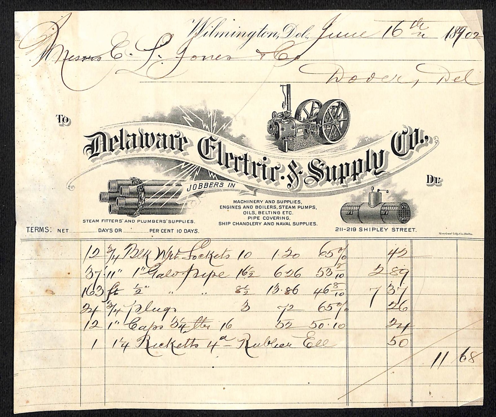 1902 Delaware Electric & Supply Co Wilmington, DE Billhead w/ Vignettes Scarce