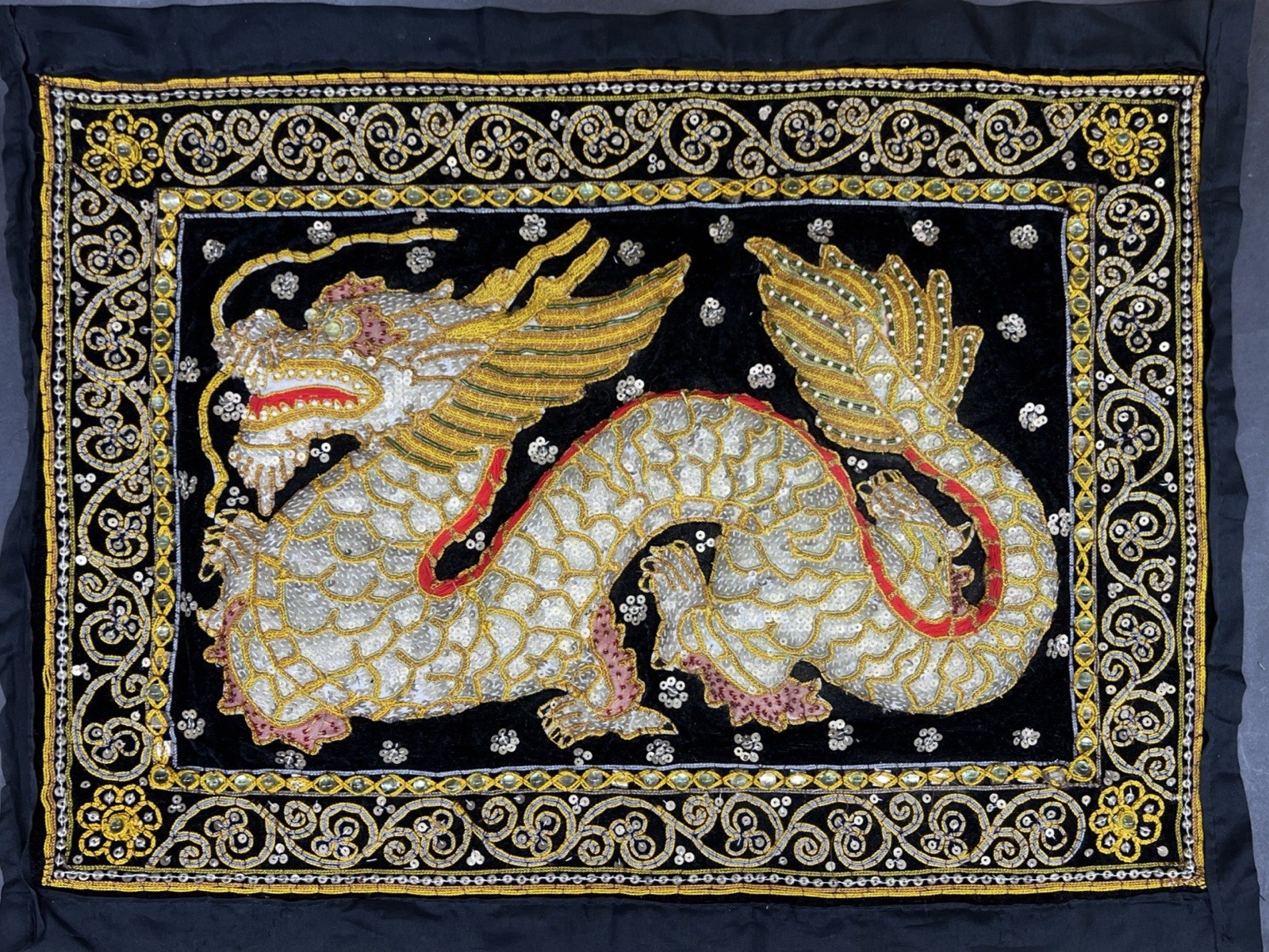 Chinese Dragon Handmade Beaded Embroidered Textile Wall Hanging 18” X 24”