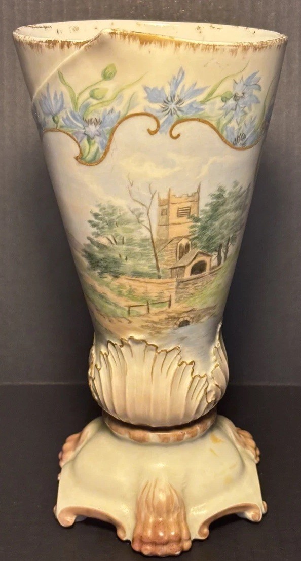 Antique Elite Limoges France  Fine Porcelain Vase Footed Base Castle Landscape
