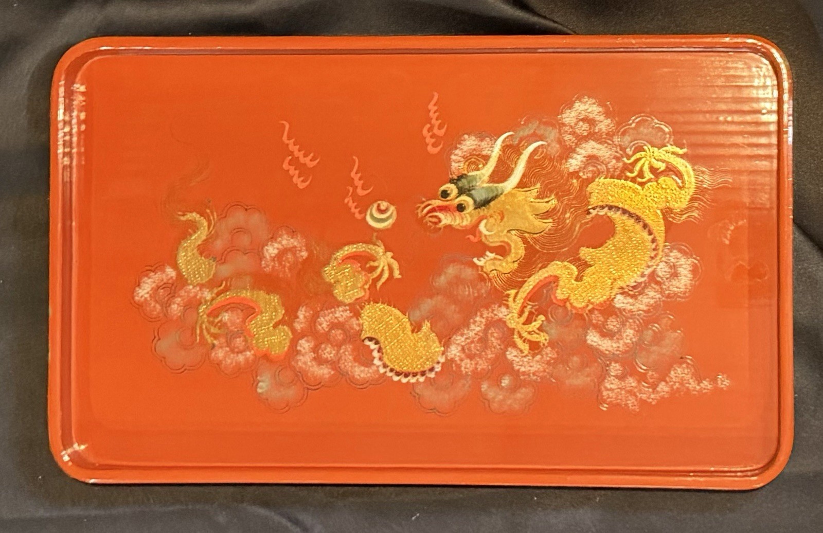 Mid Century Hand Painted Textured Chinese Dragon’s Pearl Coral Red Lacquer Tray