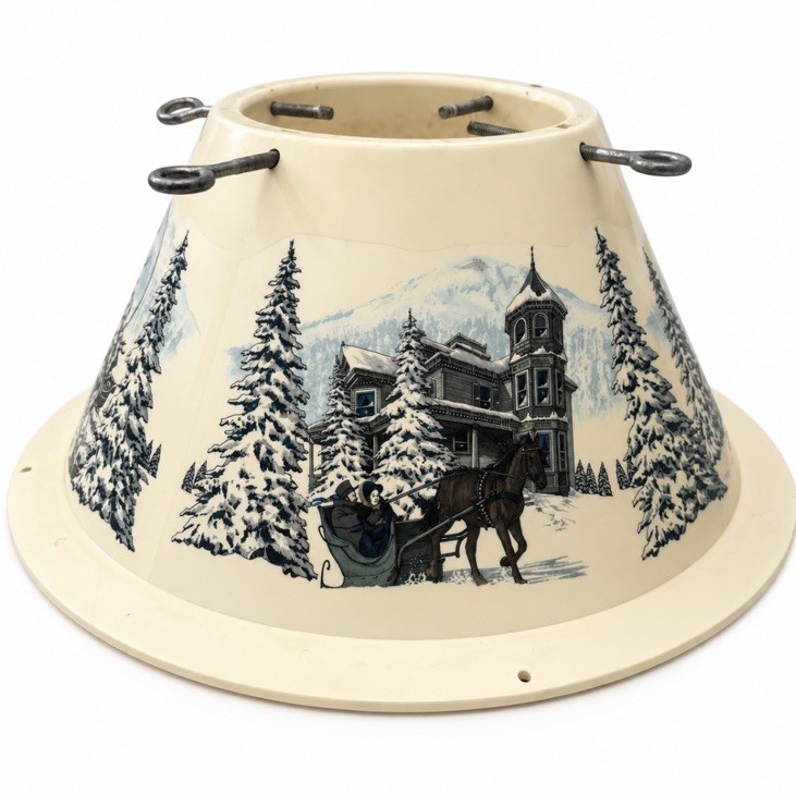 VTG 1950’s Cream Litho Christmas Tree Stand Reindeer Carolers RARE HTF NICE