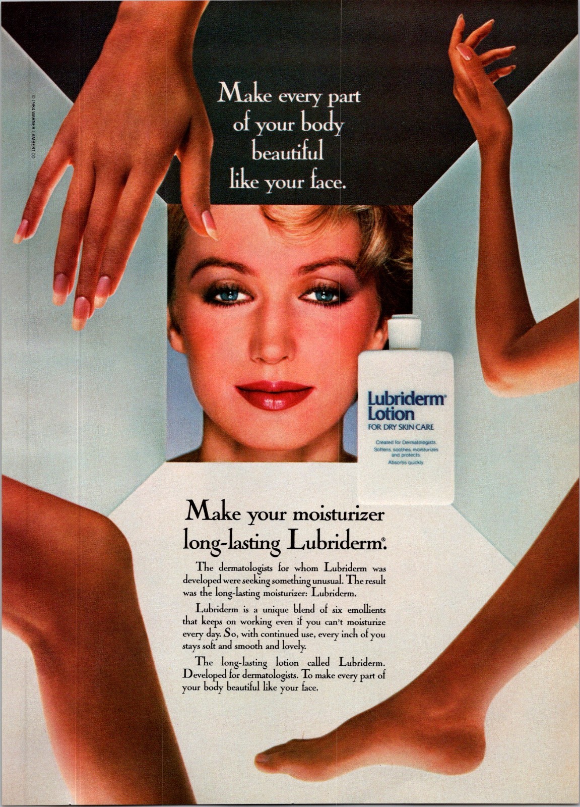 1984 Lubriderm Lotion Print Ad • 1980s hands legs paris hilton look alike HA.04