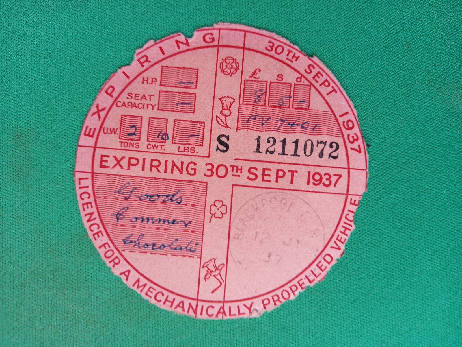 Rare Vintage 1937 Pre-WWII British Road Tax Disc – Chevrolet Commercial FV 7461