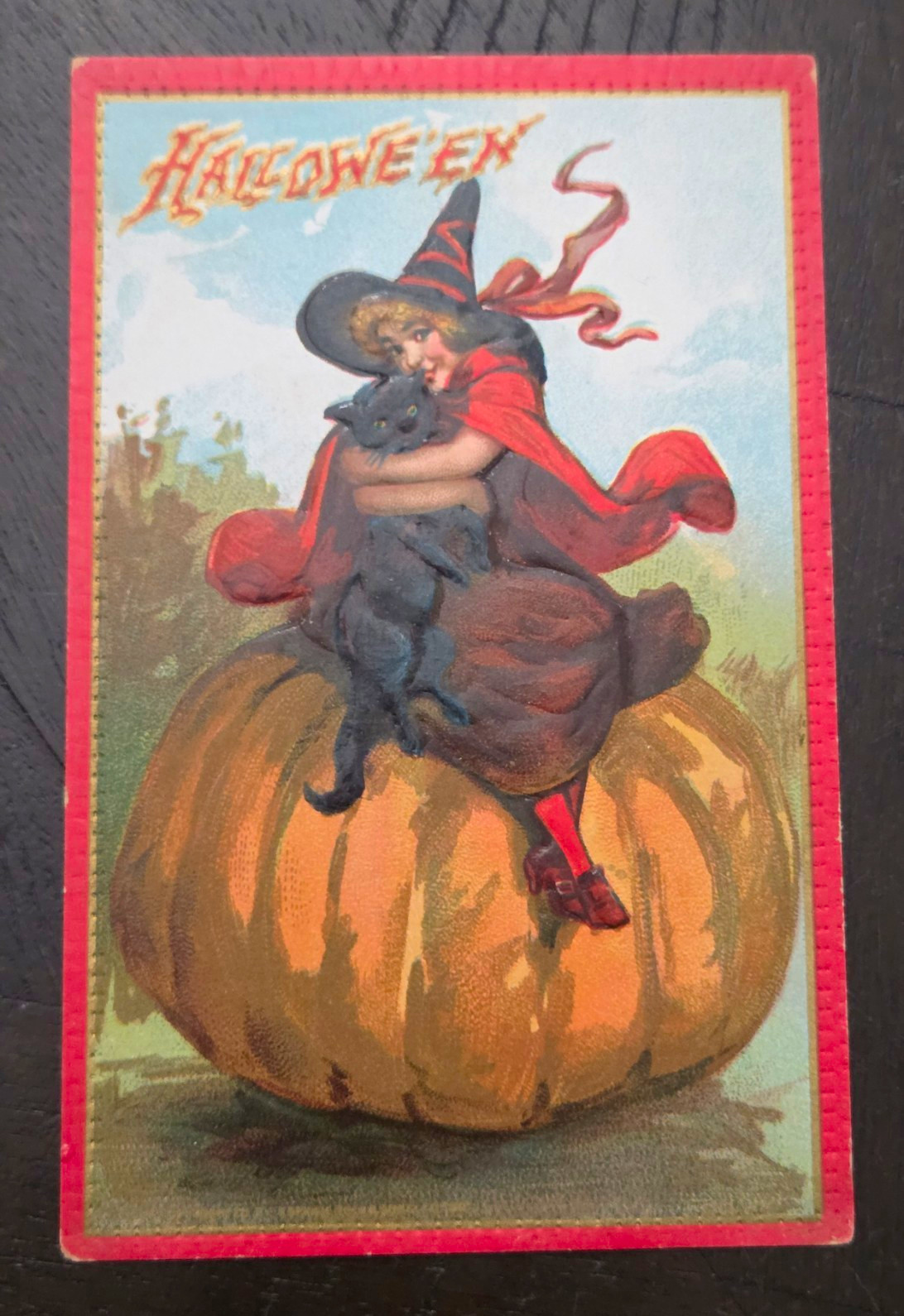Antique Tuck’s Halloween Postcard – Witch & Black Cat on Pumpkin, Embossed Antique Tuck’s Halloween Postcard – Witch & Black Cat on Pumpkin, Embossed