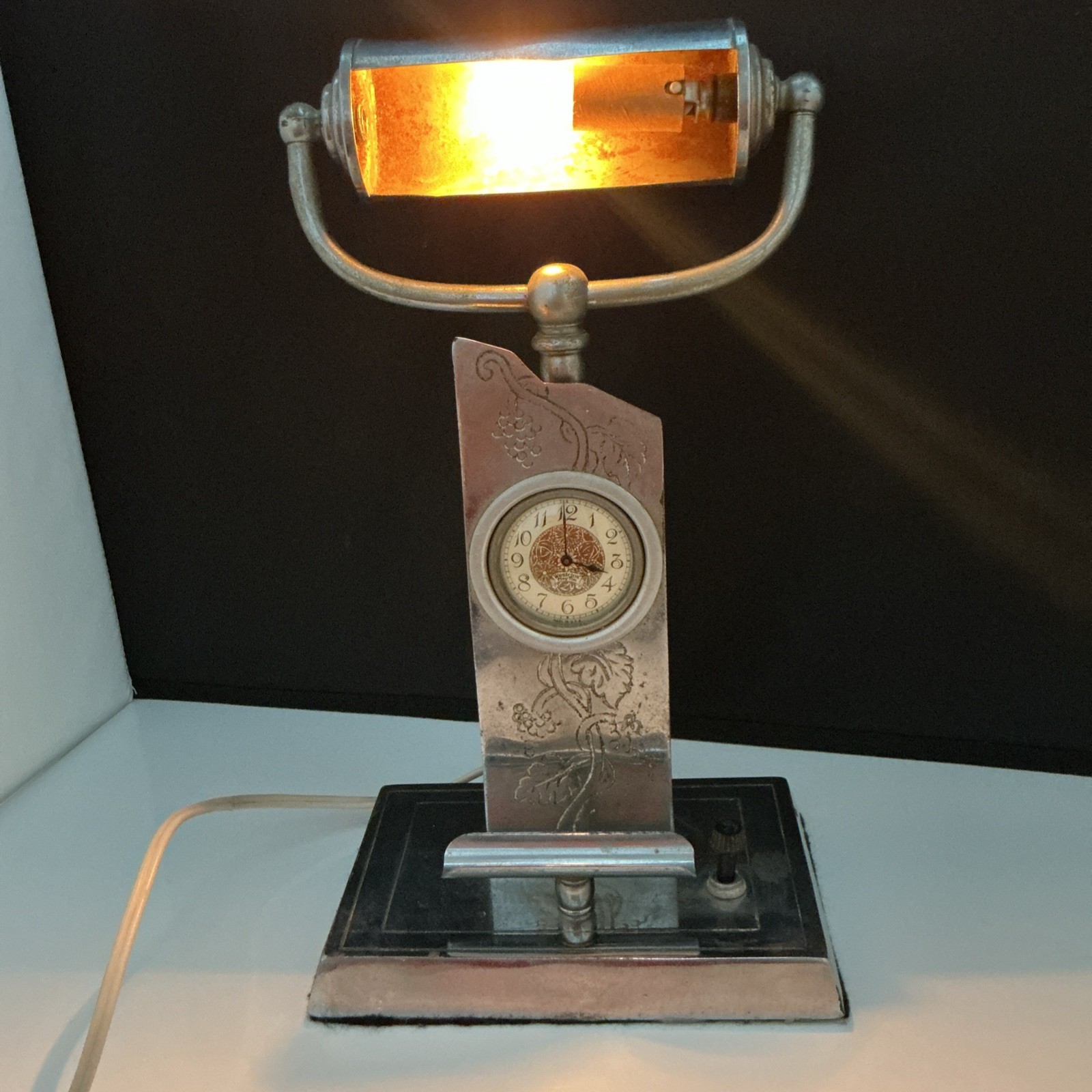 Vintage 1930s Markel 454 Desk Lamp Westclox Clock Electric Pen Tray Read Descr.
