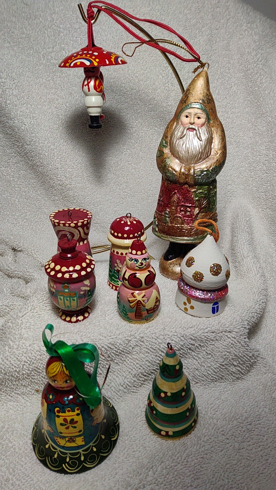 9 VTG Hand Painted Russian Wood Christmas Hanging Ornaments Folk Art