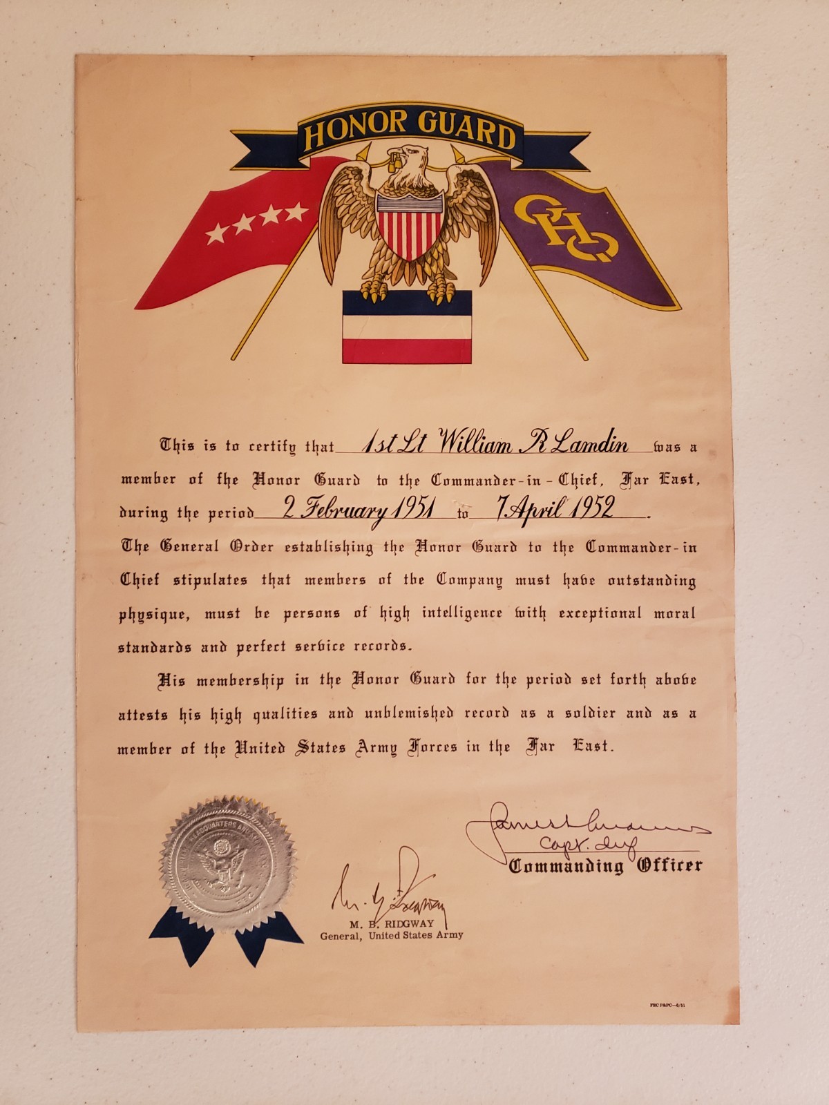 KOREAN WAR / Douglas MacArthur HONOR GUARD Documents SIGNED by General RIDGWAY