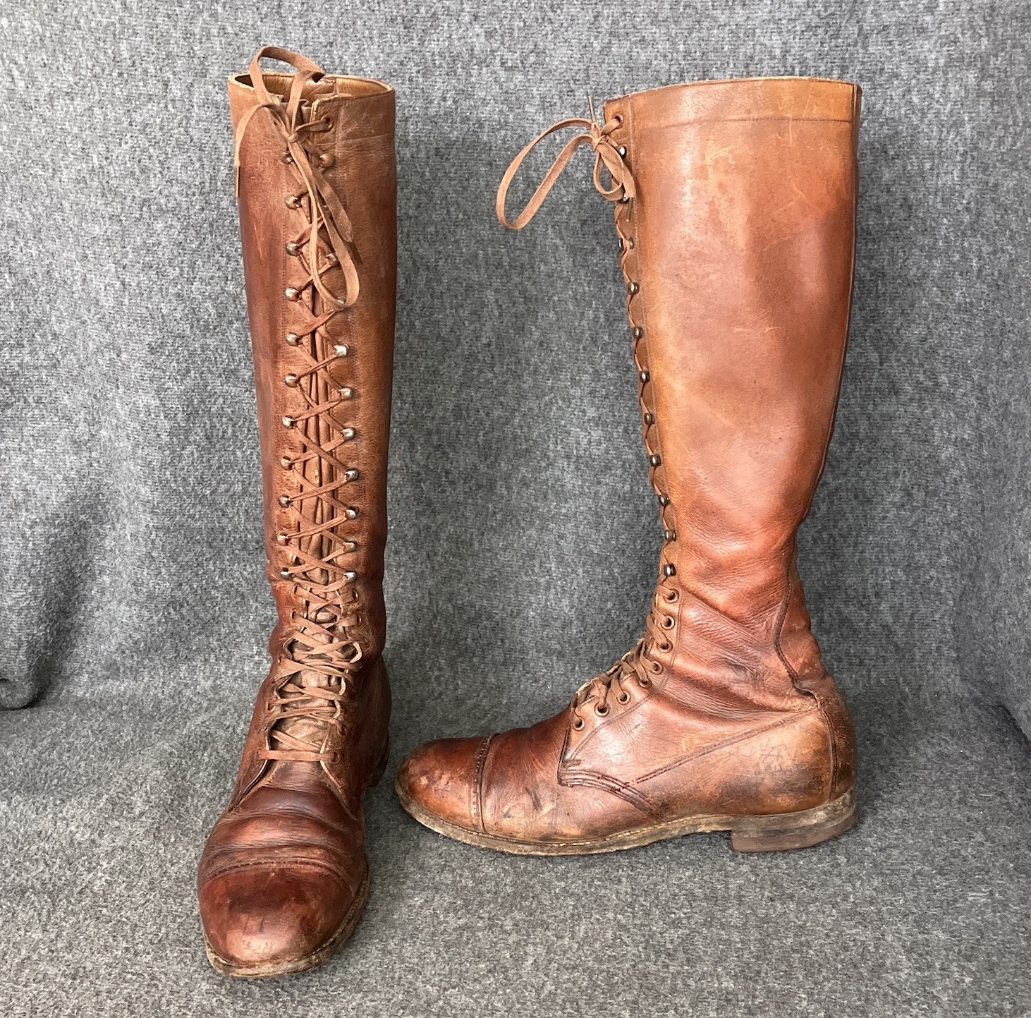 VTG 1930s WWII Cavalry Boots Men 7.5 AA Brown Leather Knee High Lace Cap Toe 17”