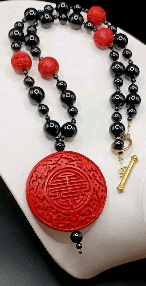 Art Deco Chinese Carved Red Cinnabar Pendant Necklace Black Beaded Stone 26