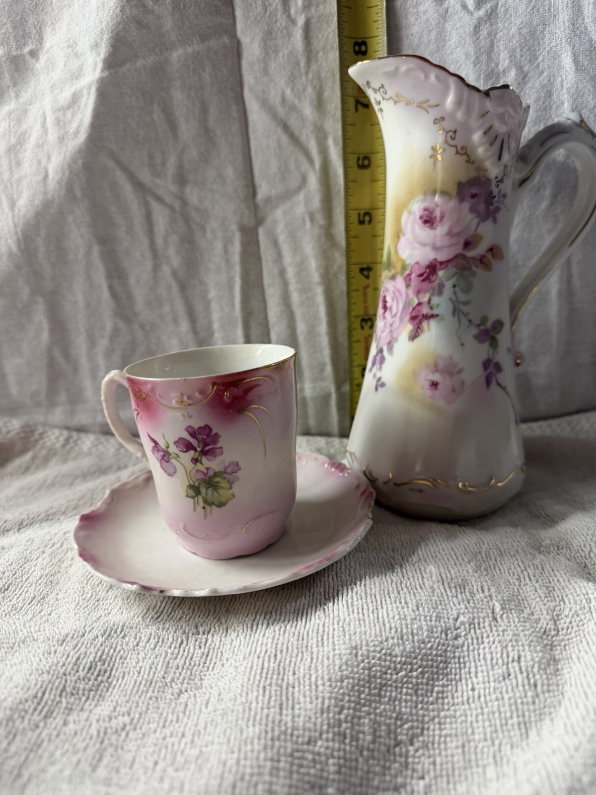Vintage 1941 Royal Crown Chantilly Rose porcelain  Pitcher With Tea Cup & Saucer
