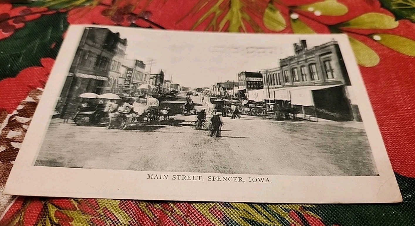 1913 Spencer IA Downtown Main St. B & W Commercial Real Photo Postcard Used 1913 Spencer IA Downtown Main St. B & W Commercial Real Photo Postcard Used