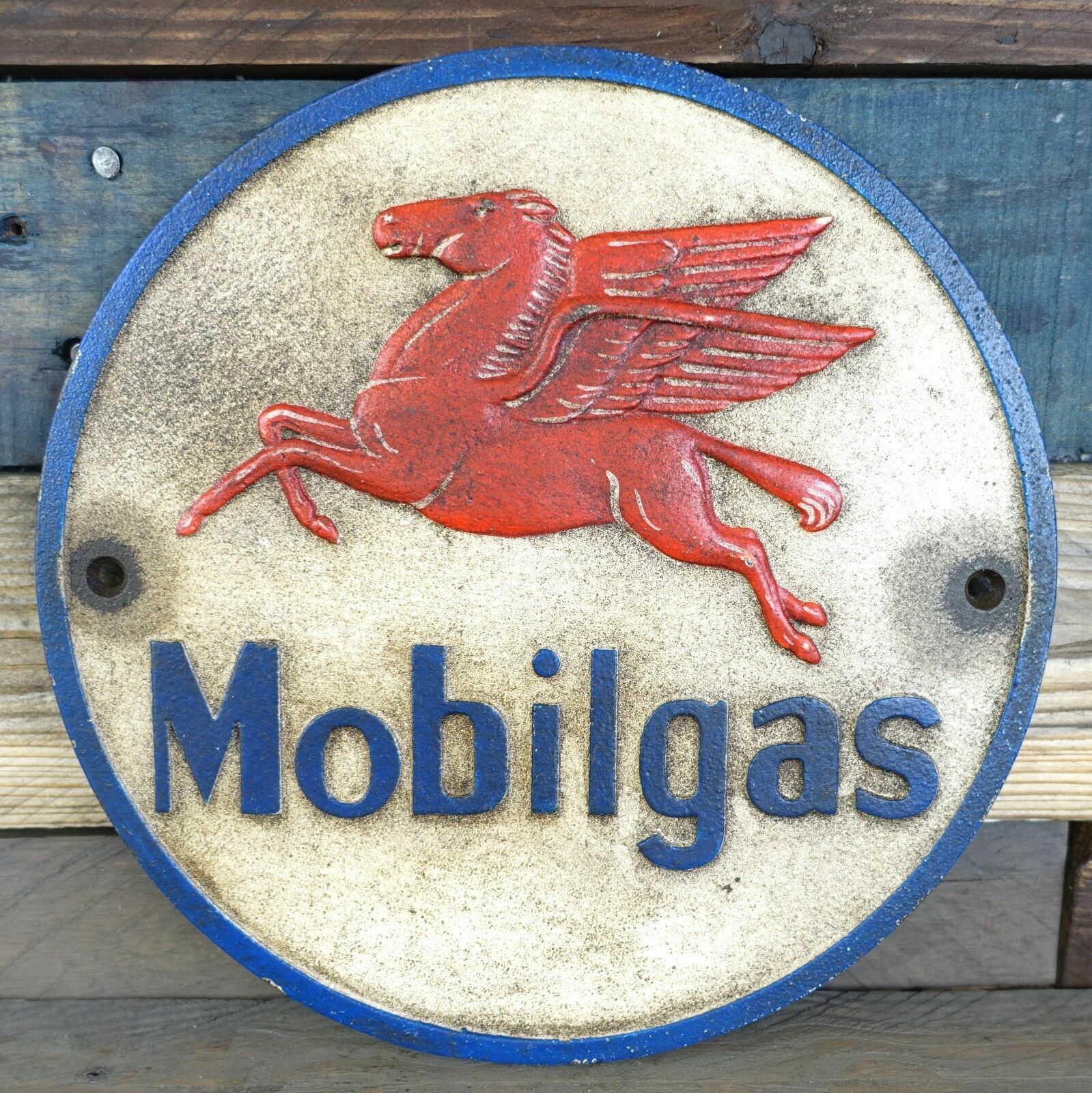 Mobilgas Cast Iron Wall Sign Plaque Decor, Pegasus Flying Horse Oil Gas Man Cave