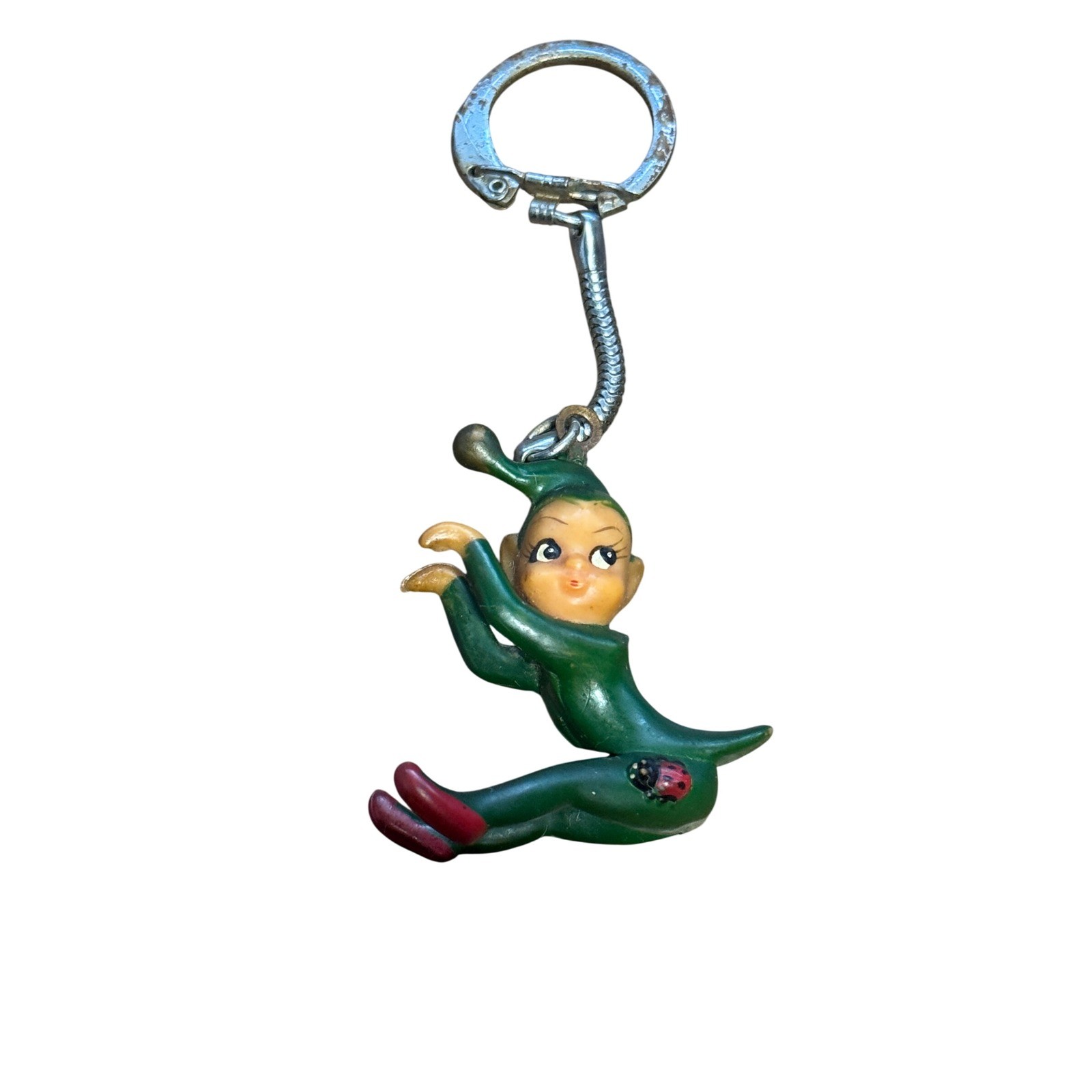 Vintage Pixie Elf Keychain Green Ladybug Retro Mid Century Kitsch