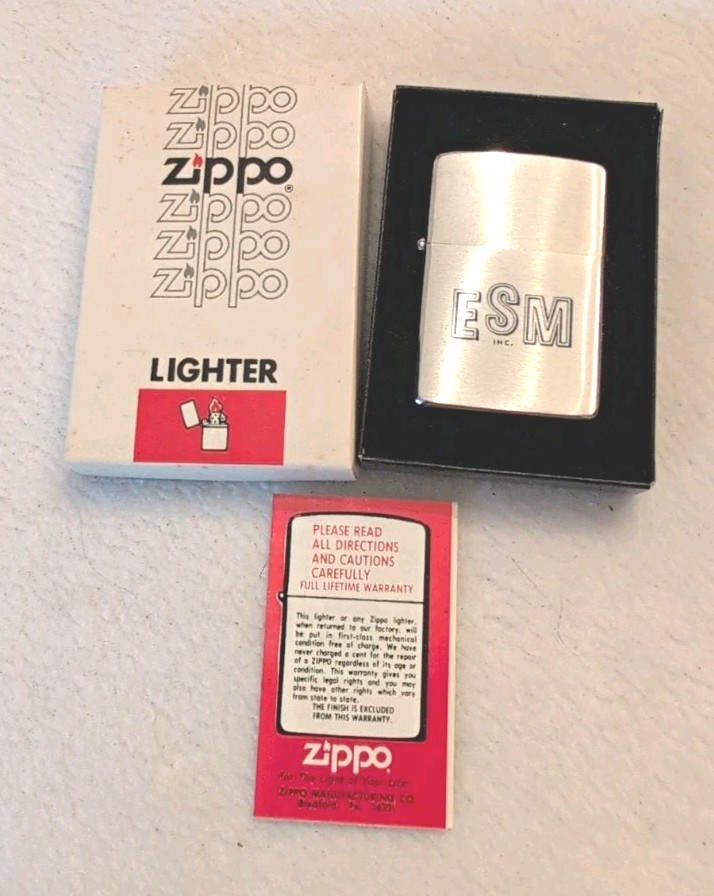 Vintage 1982 Zippo Lighter ESM Inc Advertising Brushed Chrome Unfired Box Papers Vintage 1982 Zippo Lighter ESM Inc Advertising Brushed Chrome Unfired Box Papers