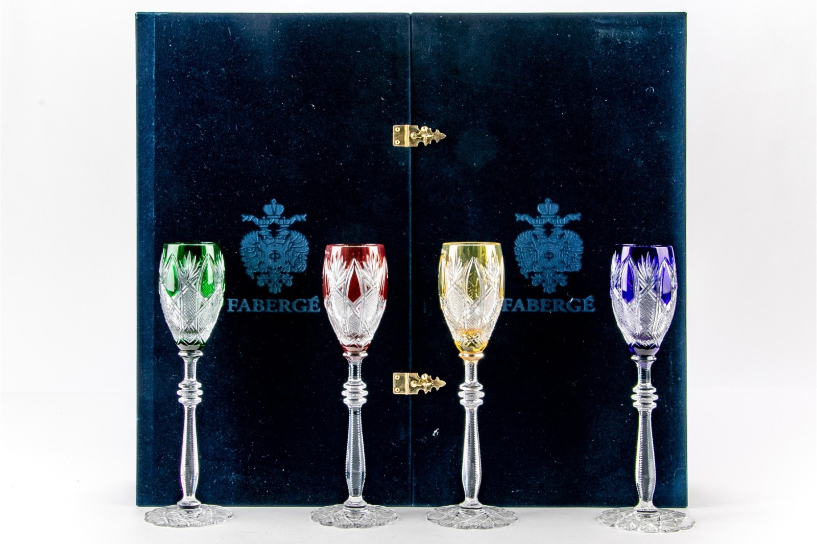 Faberge Imperial Collection Czar Imperial Sherry Glasses Set 4 Cut Crystal Boxed Faberge Imperial Collection Czar Imperial Sherry Glasses Set 4 Cut Crystal Boxed