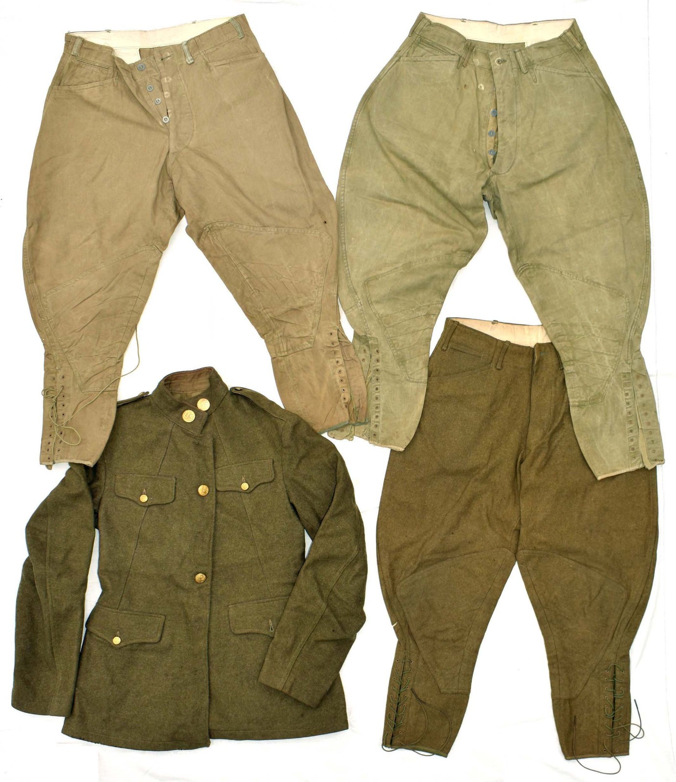 WWI U.S. Army Doughboy Uniform Group - Wool Tunic & Breeches, 2 Cotton Breeches
