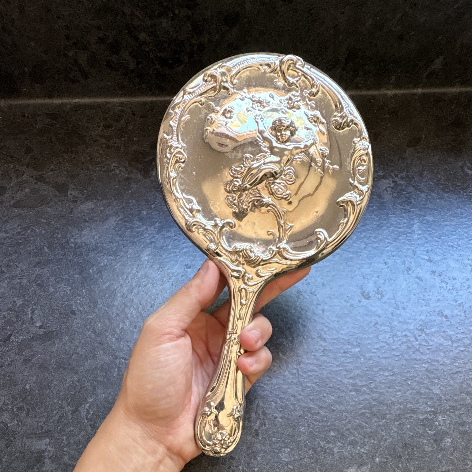 Vintage 1940s Cherub Hand Mirror | Romantic Art Nouveau Angel Decor