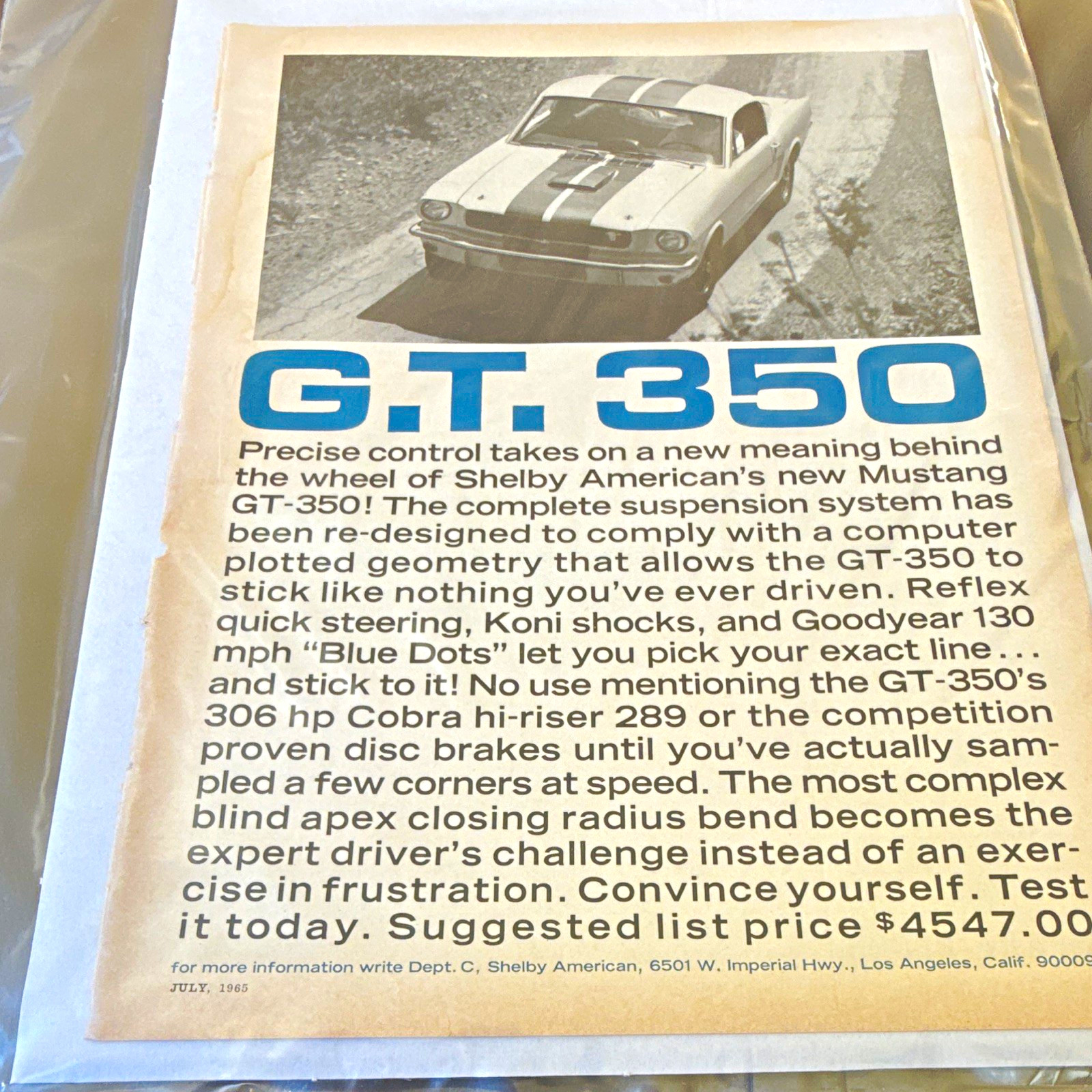 1965 Ford Mustang Shelby American G.T. 350 Original Print Ad July 1965
