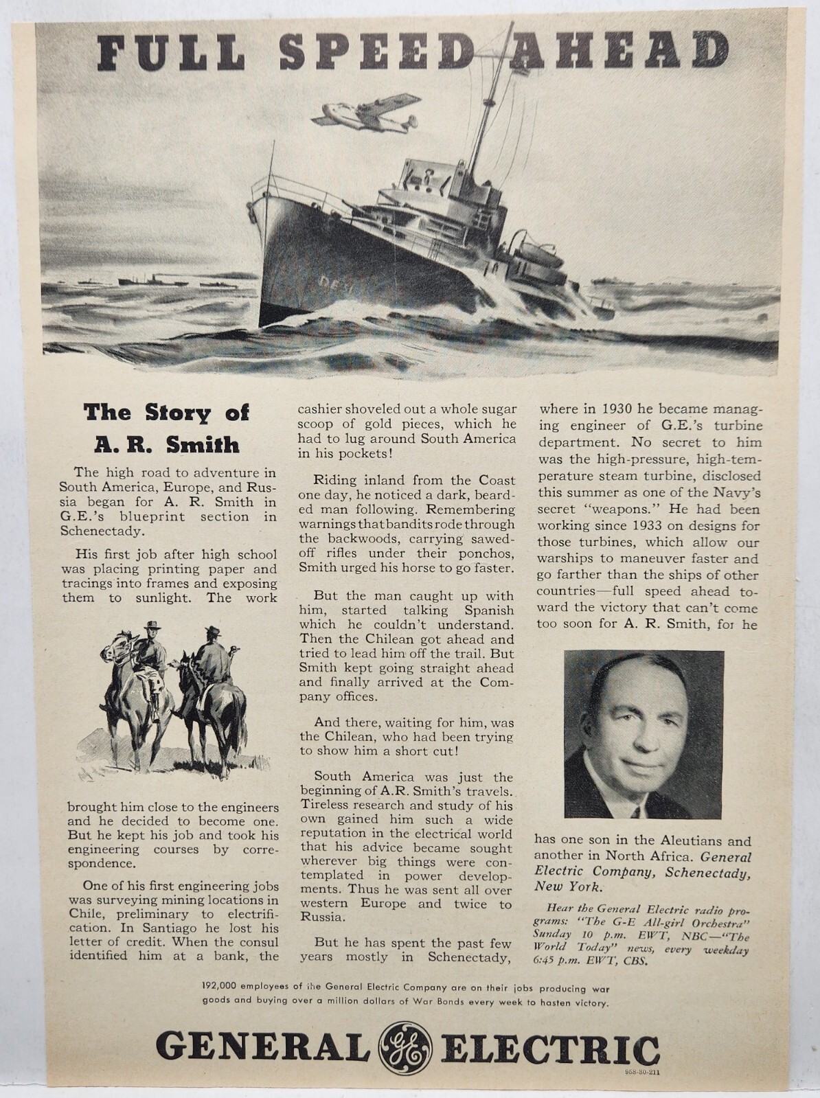 1944 GE General Electric A.R. Smith War Ships Original Print Ad Life Magazine