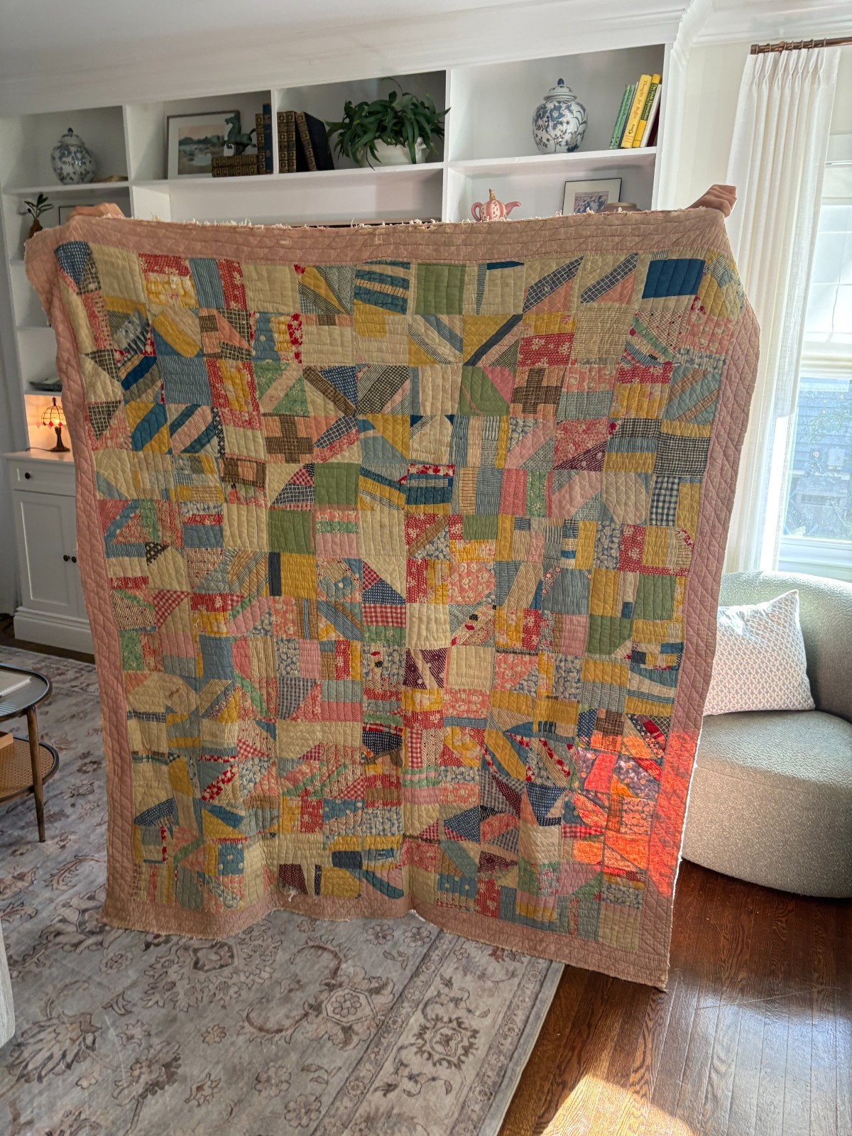 Vintage Scrappy Patchwork Crazy Quilt Cotton Feedsack Primitive Pink Border Vintage Scrappy Patchwork Crazy Quilt Cotton Feedsack Primitive Pink Border