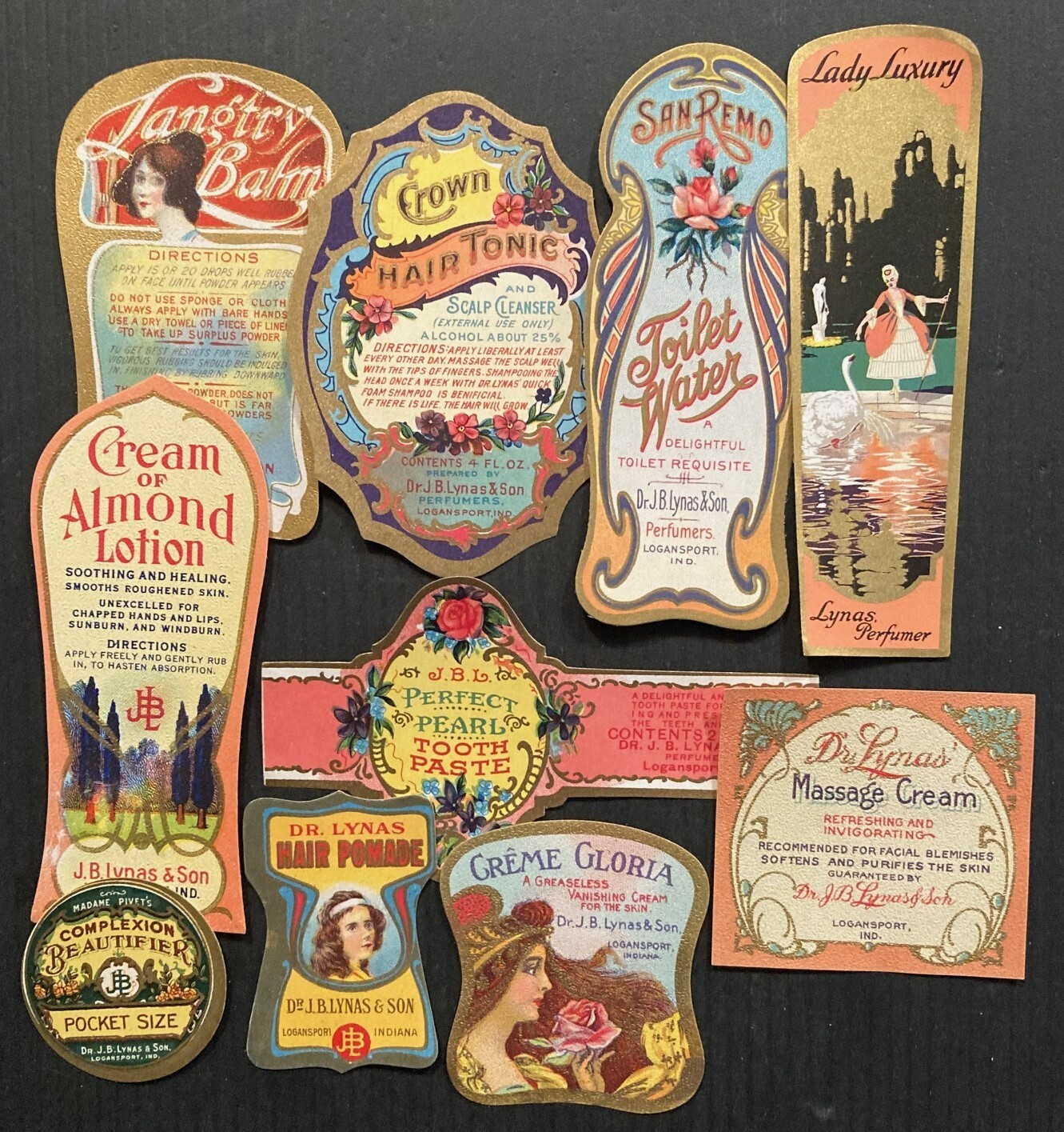 Antique Lot of 10-J.B. Lynas & Son-Health & Beauty LABELS c-1910 Superb Graphics