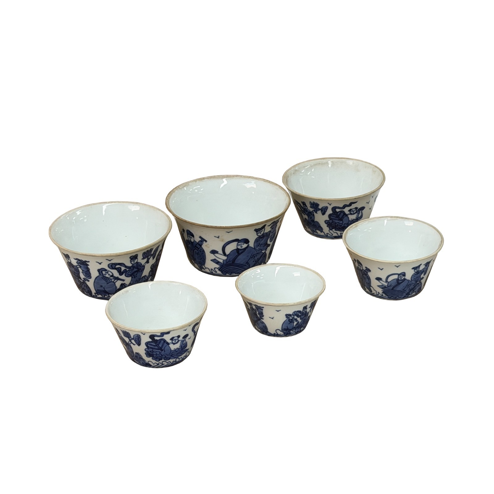 Vintage Set of 6 Small Blue White Figural Graphic Porcelain Bowls GB829