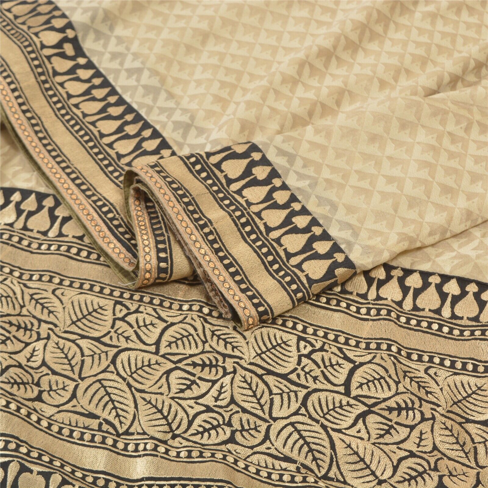 Sanskriti Vintage Cream Indian Sarees Art Silk Embroidered Cultural Sari Fabric