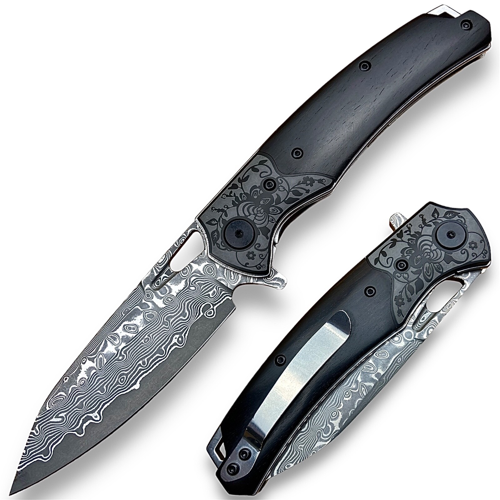 Damascus Steel EDC Pocket Knife Ebony Handle Ball Bearing Pivot System