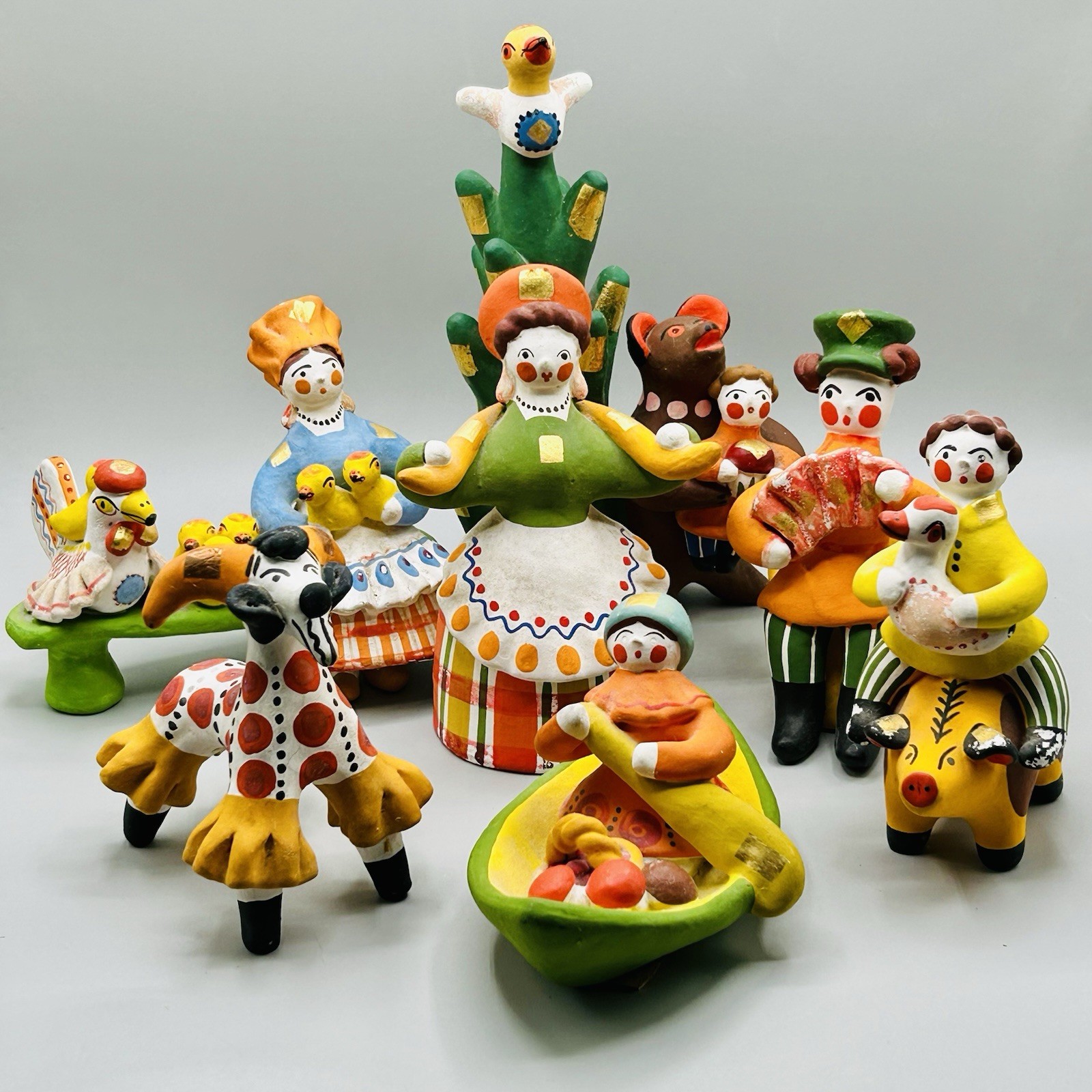 Set of 7 Dymkovo Clay Figurines from Kirov 6 have Circle Cheeks SO FABULOUS Set of 7 Dymkovo Clay Figurines from Kirov 6 have Circle Cheeks SO FABULOUS