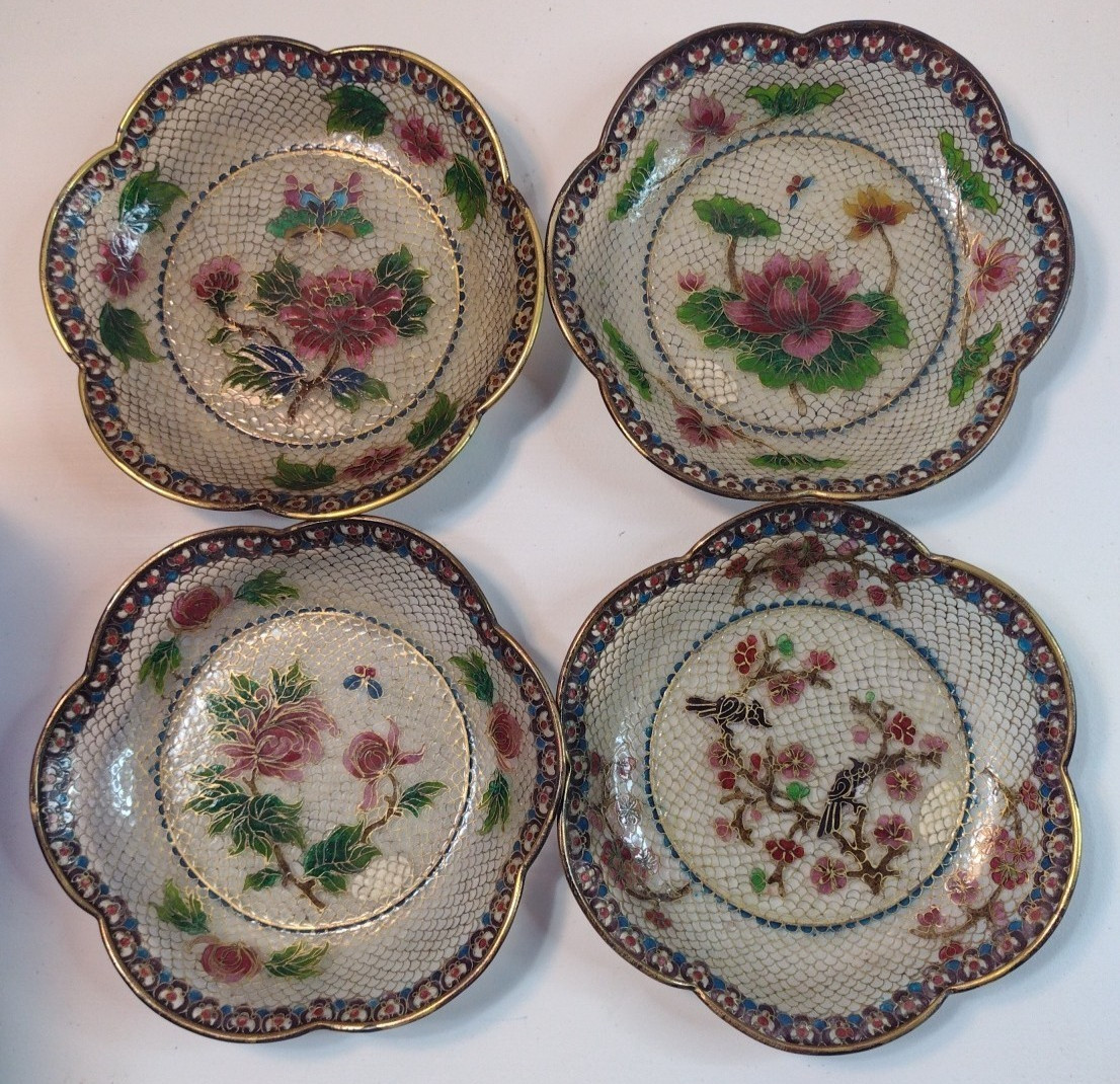 4 Vntg Plique a Jour Cloisonne Plates Flowers Small Transparent Set 4 w/ Stands