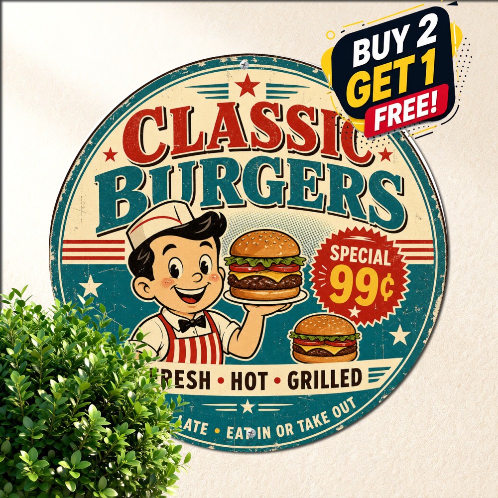 Retro Hamburger Design Round Metal Tin Sign Diner Cafe Kitchen Wall Plaque