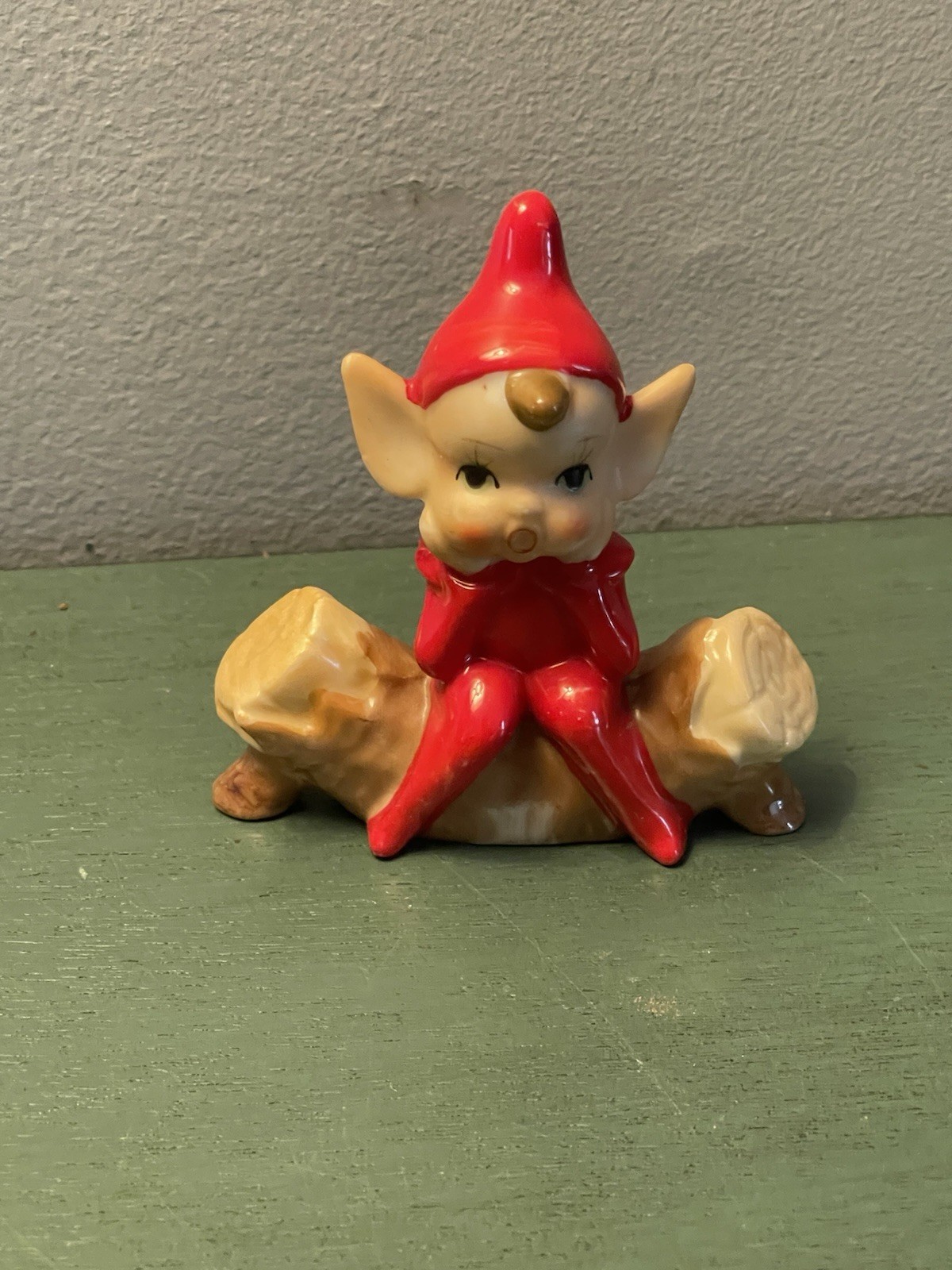 Vintage Pixie JAPAN Elf Log Tree Stump Ceramic Figural Kitsch MCM Christmas
