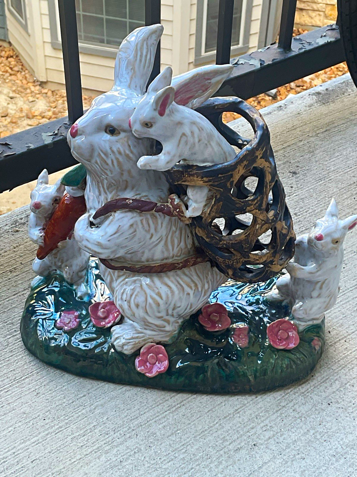 Vintage Majolica White Rabbit Figurine Group with Babies, Basket and Flowers Vintage Majolica White Rabbit Figurine Group with Babies, Basket and Flowers