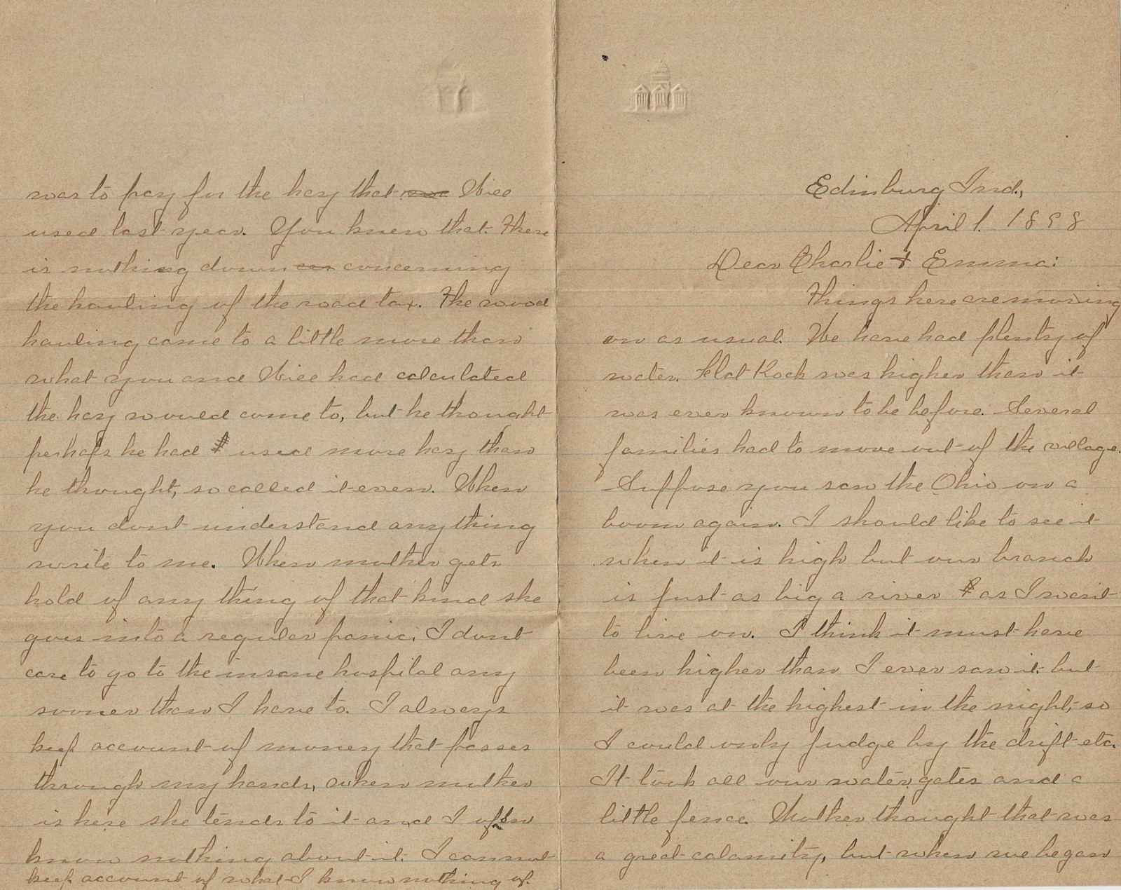 1898 Letter from Edinburg, IN to Rising Sun, IN