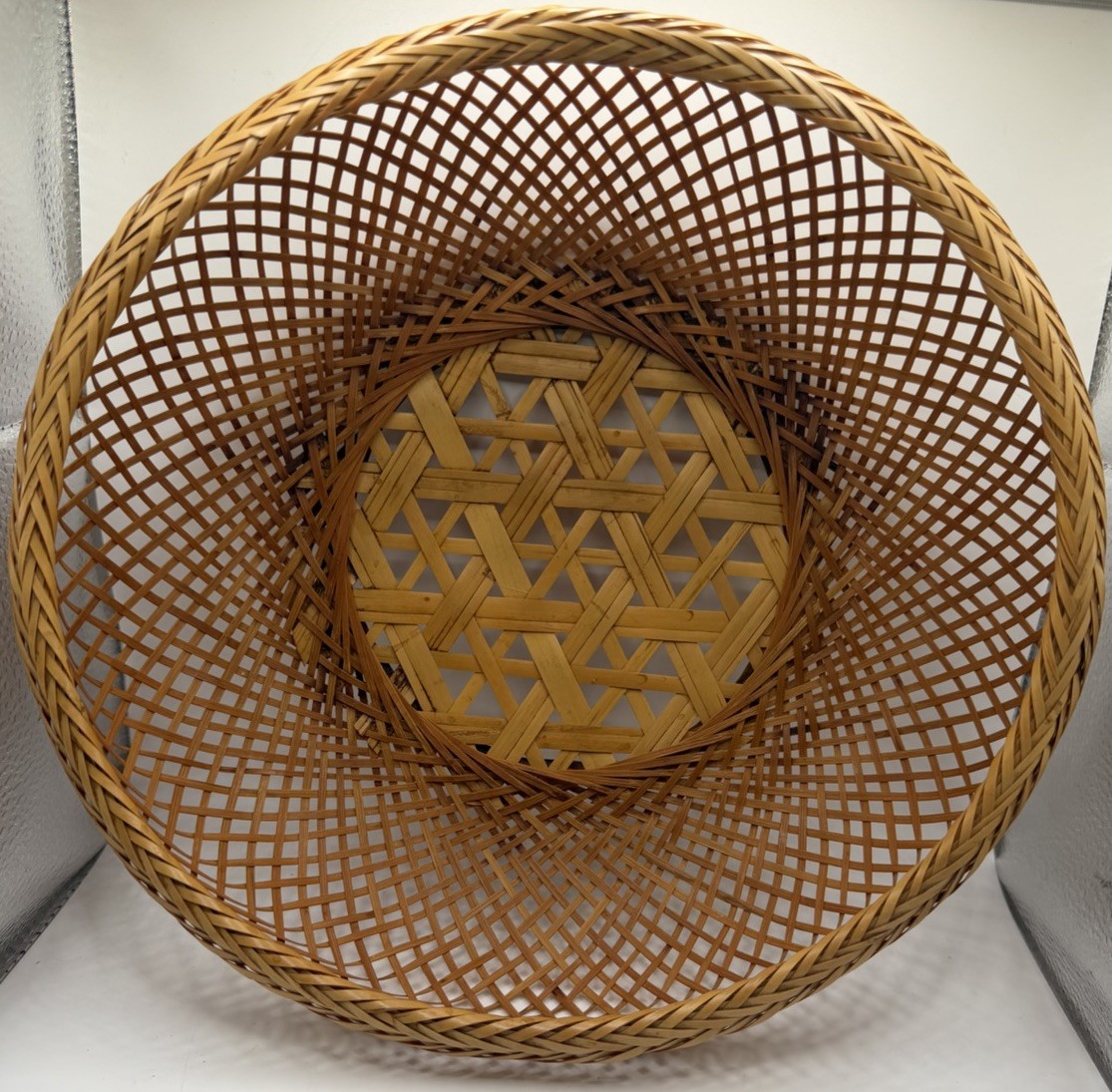 Vintage Woven Basket Round Open Lattice Geometric Weave Boho Decor 9.5”