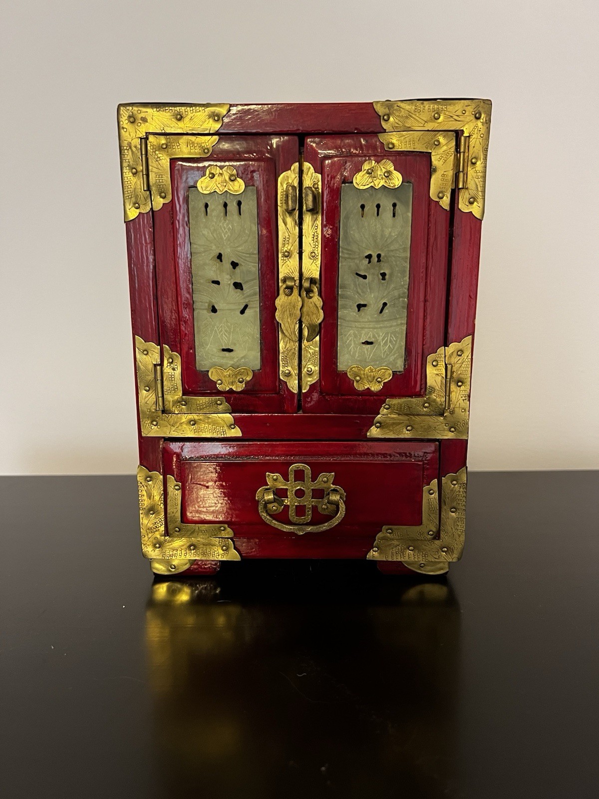 Vintage Chinese Rosewood Brass Carved Jade Jewelry Box Ornate 