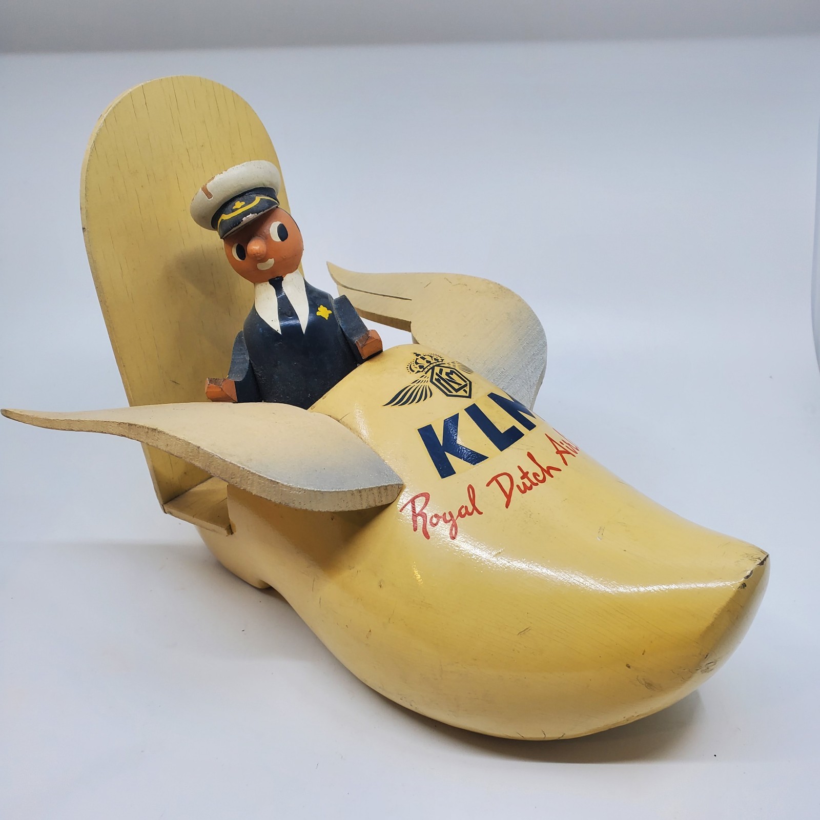 Vintage KLM Royal Dutch Airlines Advertising Sign Pilot Flying Clog Wood Shoe Vintage KLM Royal Dutch Airlines Advertising Sign Pilot Flying Clog Wood Shoe